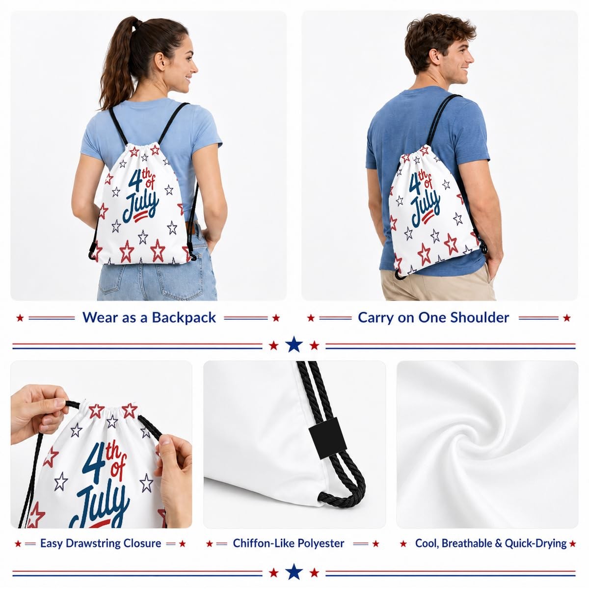 Drawstring Backpack, 4th of July Patriotic Gym Bag, Star Print Sackpack for B…