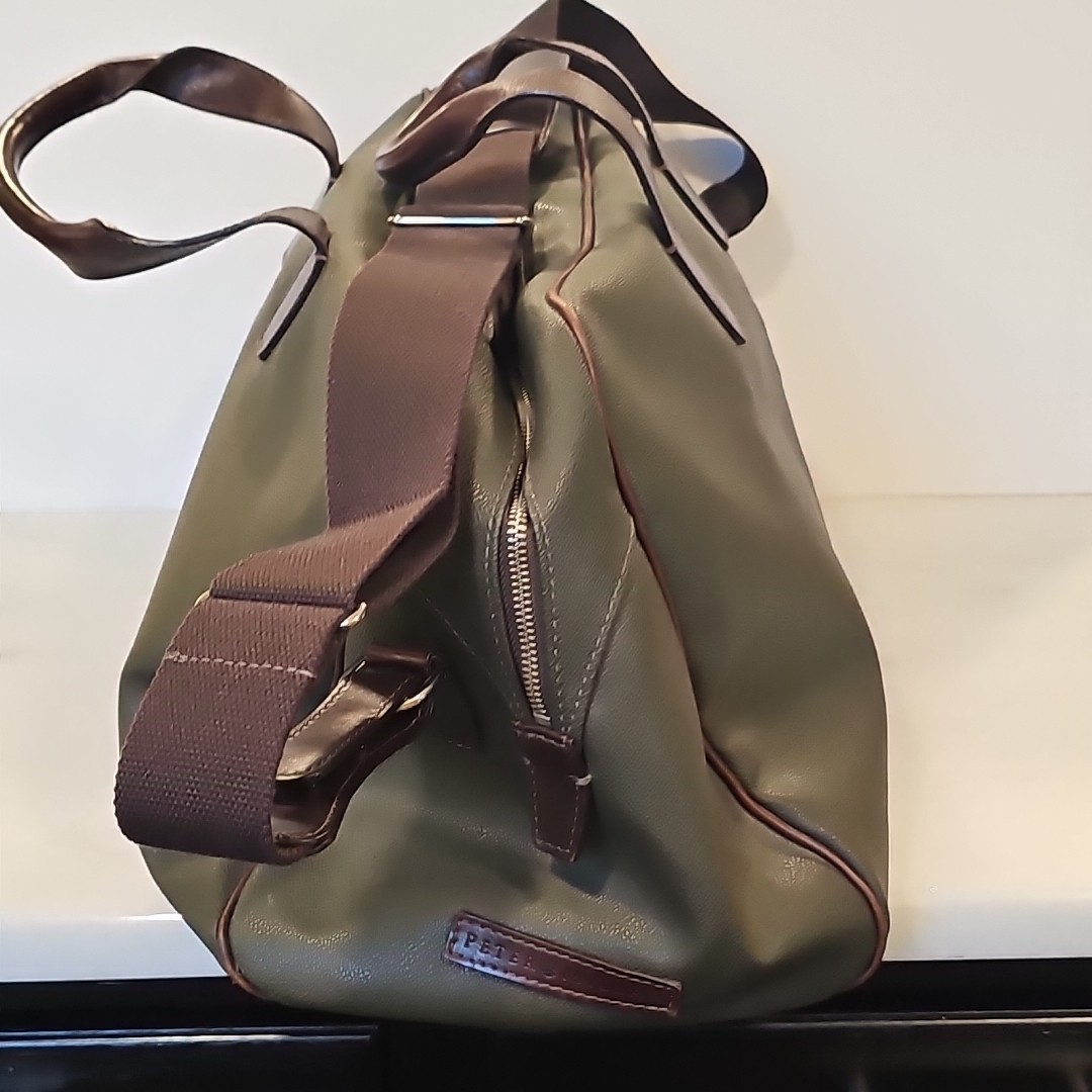 VTG Peter Millar Green PvC/Brown Leather Trim Duffle Travel Shoulder Bag Weekend