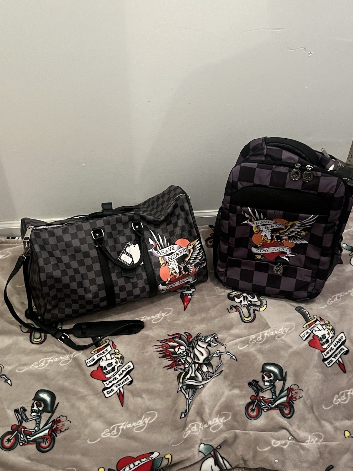 Ed Hardy Gray Black Checkered Backpack & Duffel Bag Brave Hearts Stay True NWT