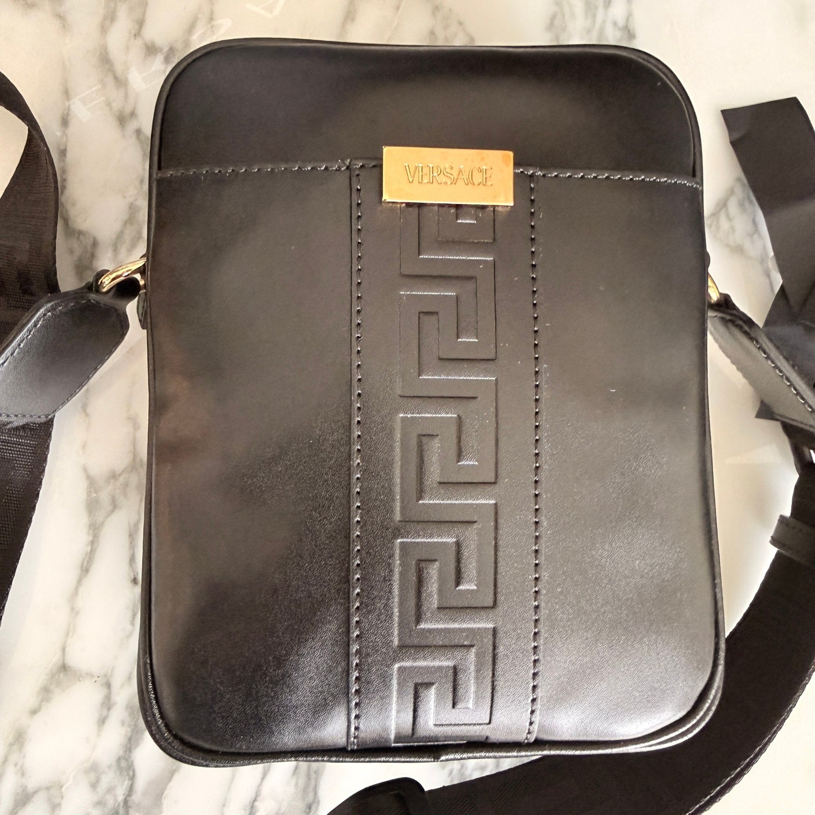 Versace 1020736 Black Leather Greca Crossbody Messenger Bag Gold Logo