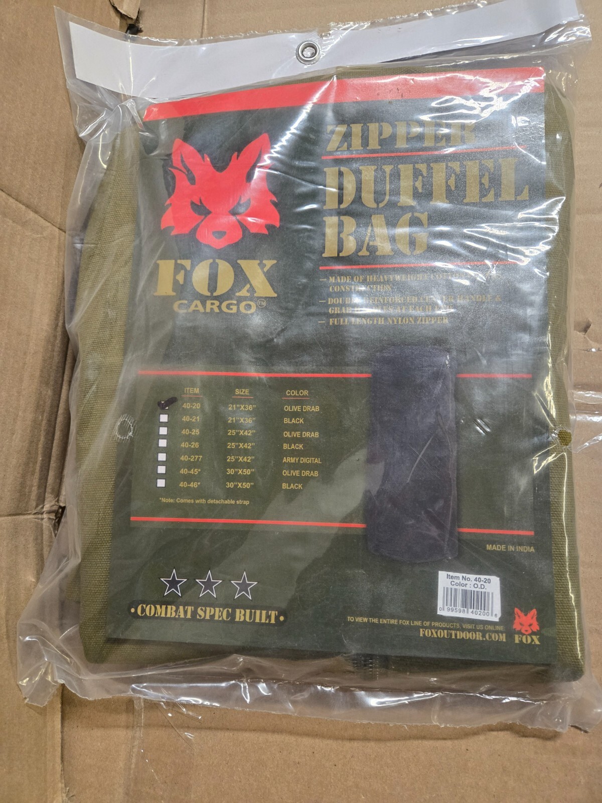 Fox Outdoor Zipper Duffle Bag, 21″X36″, Olive Drab