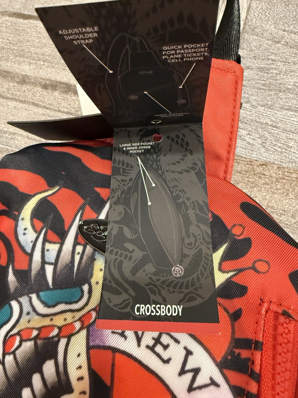 Ed Hardy Red Graphic Print Skull Eagle Crossbody Sling Bag, Medium, Zip, Pockets