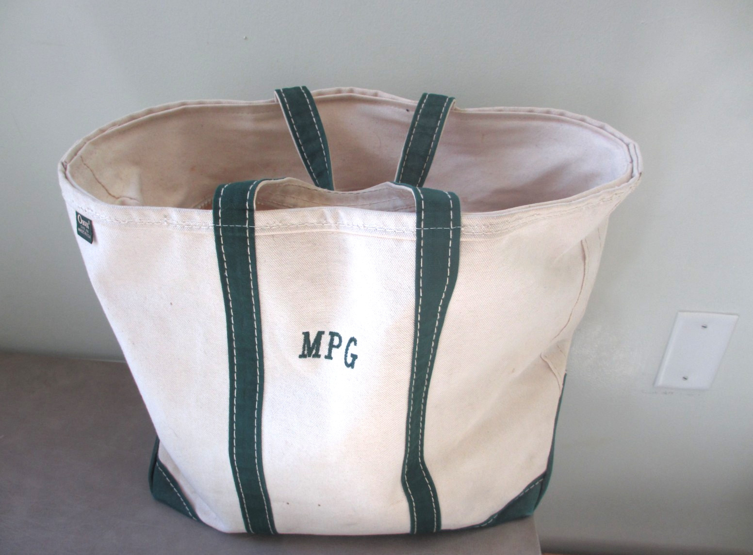 Vintage 1980s ORVIS Boat and Tote Style Canvas Tote Bag XL Green Stripe Zip Top