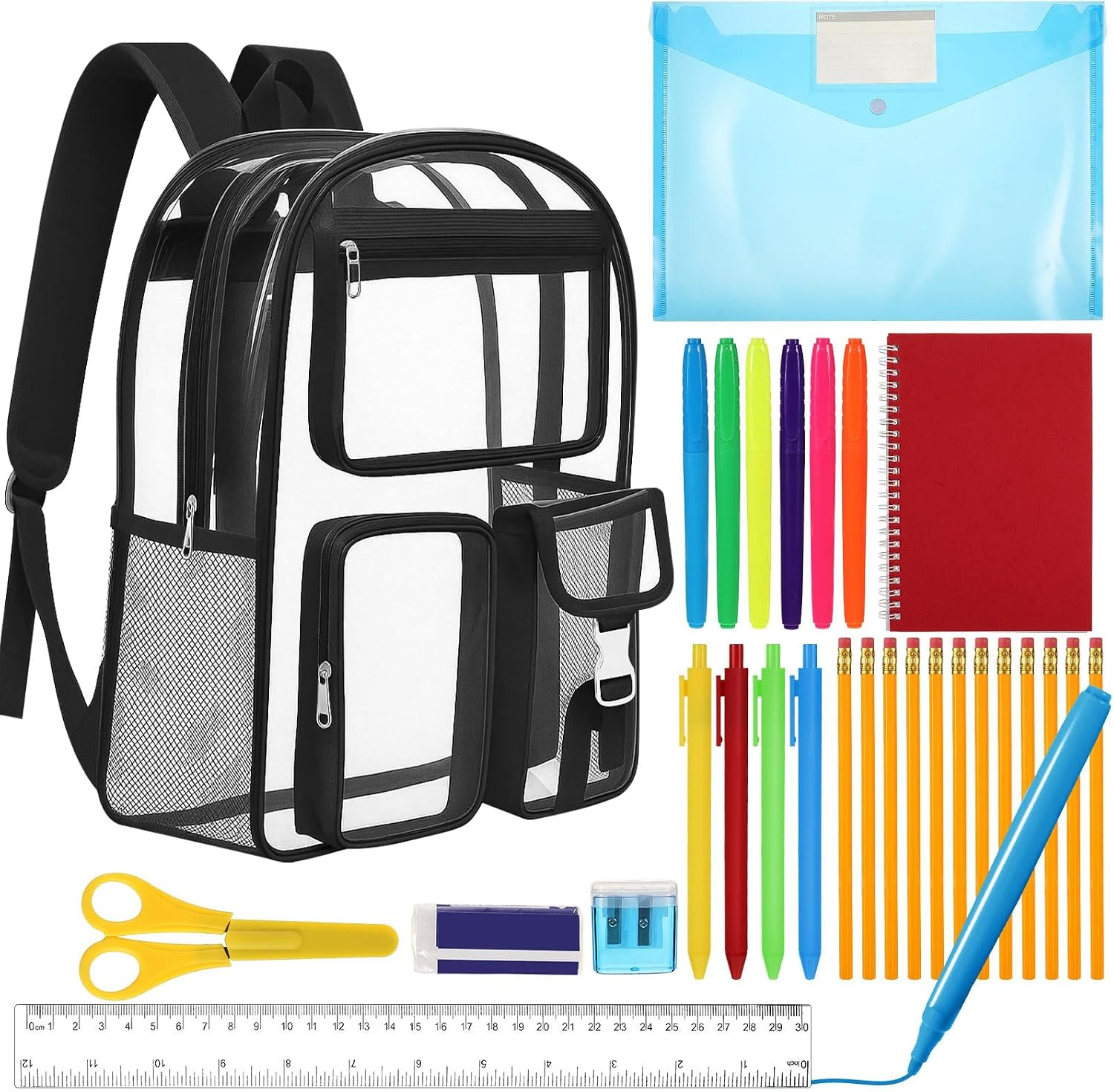 29 Pcs Clear Backpacks with Study Supplies, 17In Transparent PVC Bag for Element