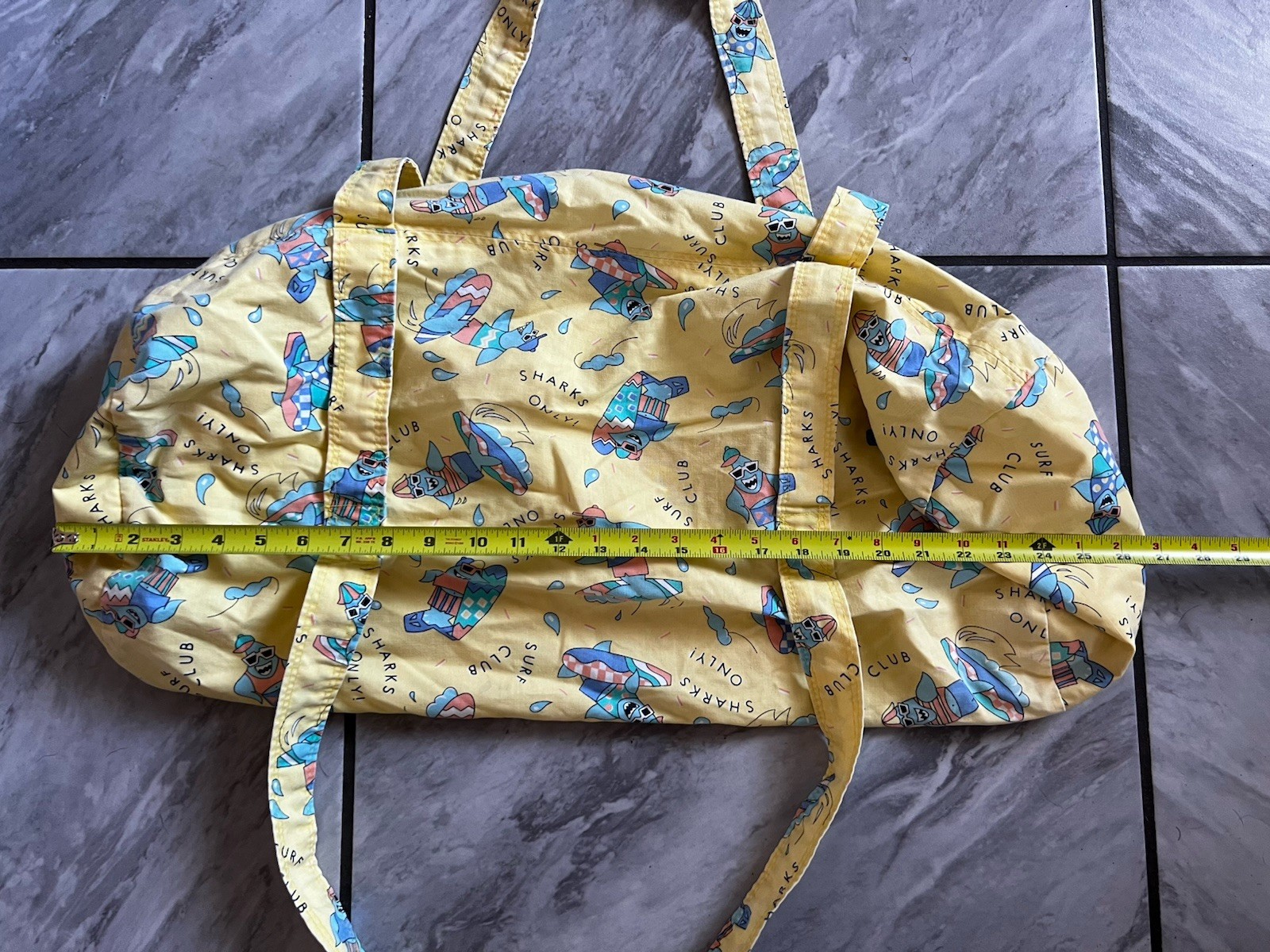 1990s Sharks Only Vintage Duffle Beach Gym Bag Yellow Summer Shark Design