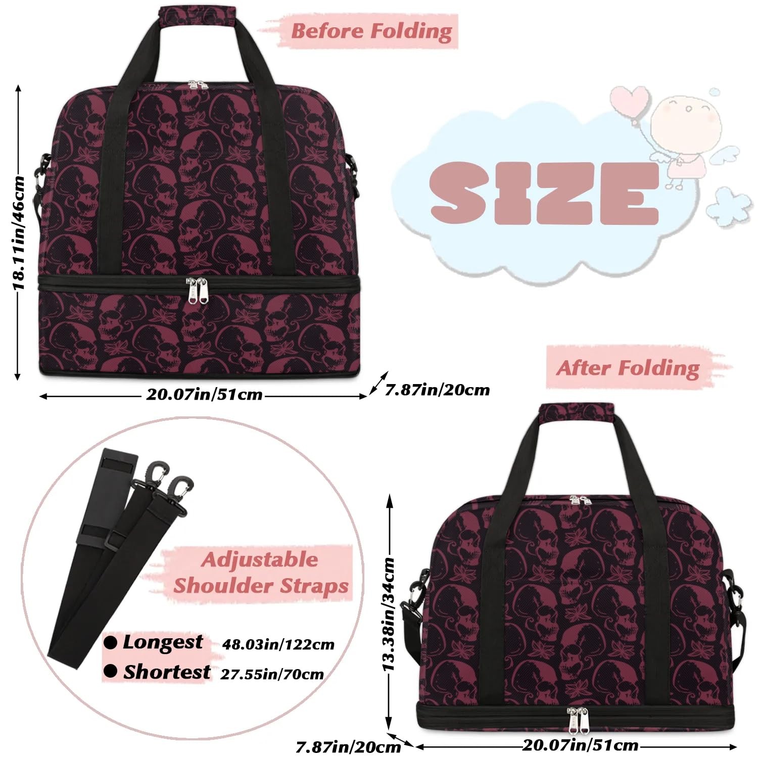 Halloween Spooky Skull Foldable Travel Duffel Bag Tote Carry On Luggage Sport…