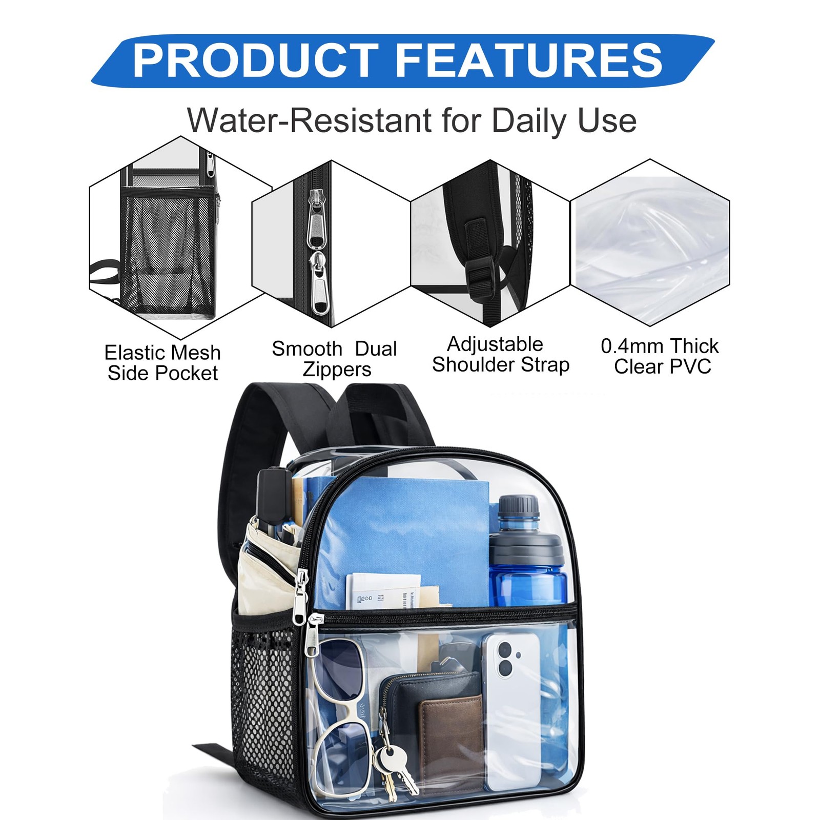 Clear Backpack Stadium Approved Waterproof Heavy Duty PVC 12x6x11 Concert Festiv