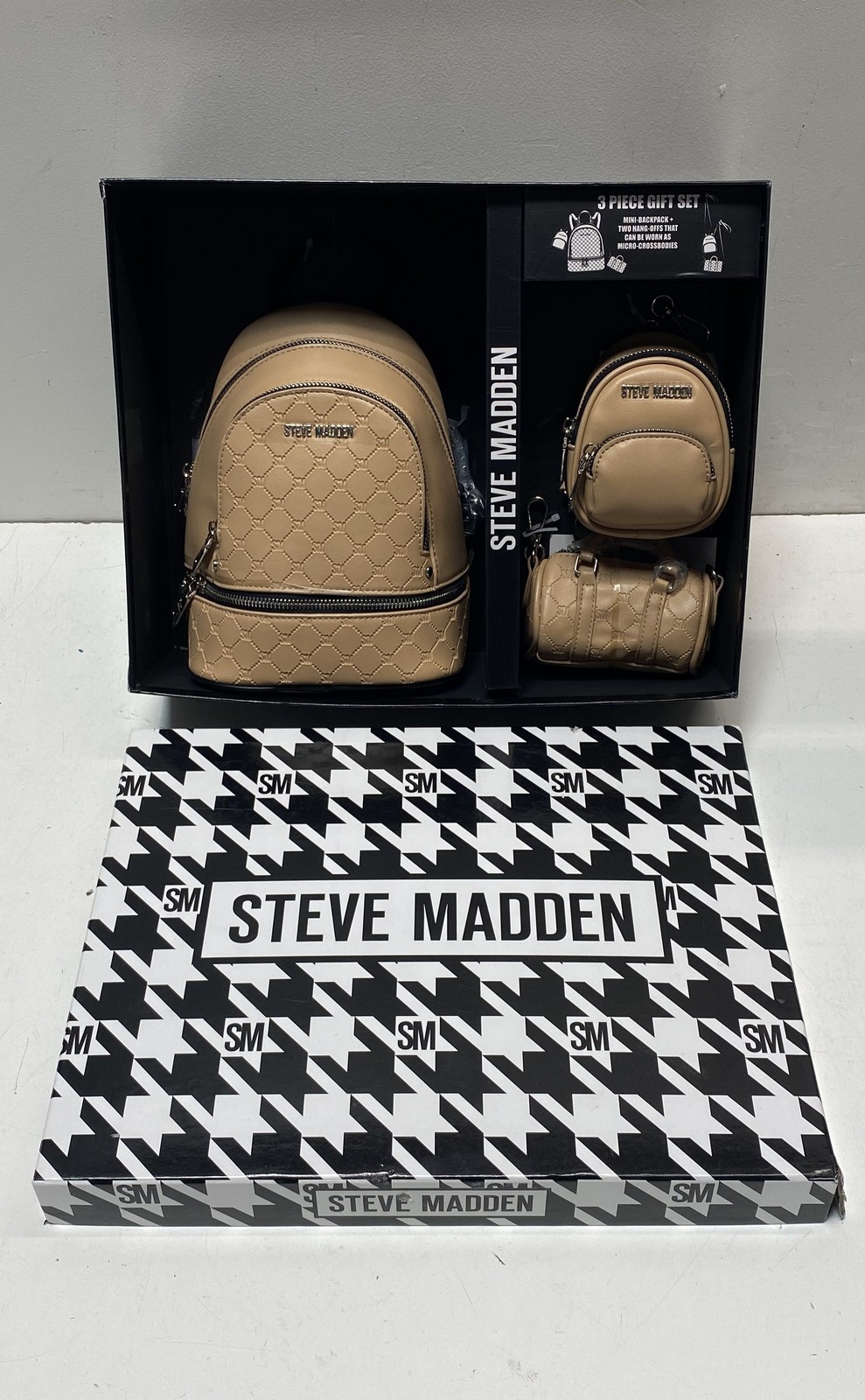 Steve Madden Beige Quilted Monogram Mini Backpack Micro Crossbody 3 Piece Set