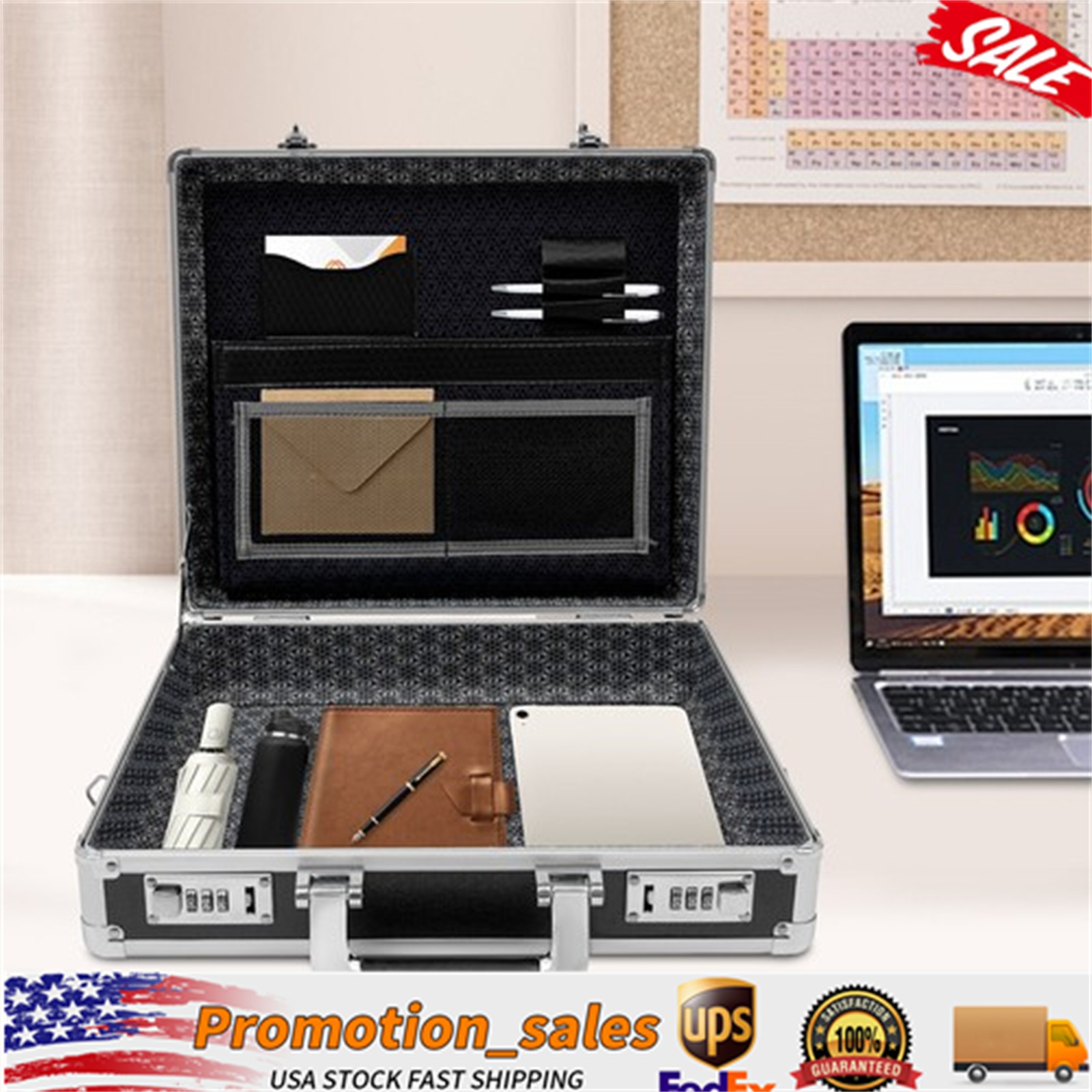 Aluminum Hard Case Big Capacity with Combination Lock Briefcase with Pocket New
