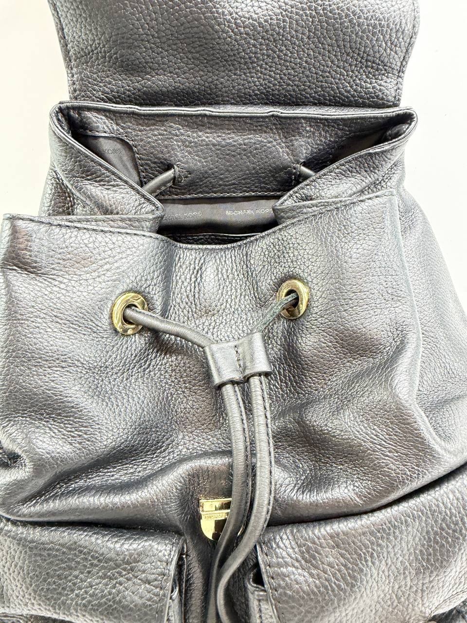Michael Kors Black Pebbled Leather Backpack Drawstring Flap Pocket Bag Women