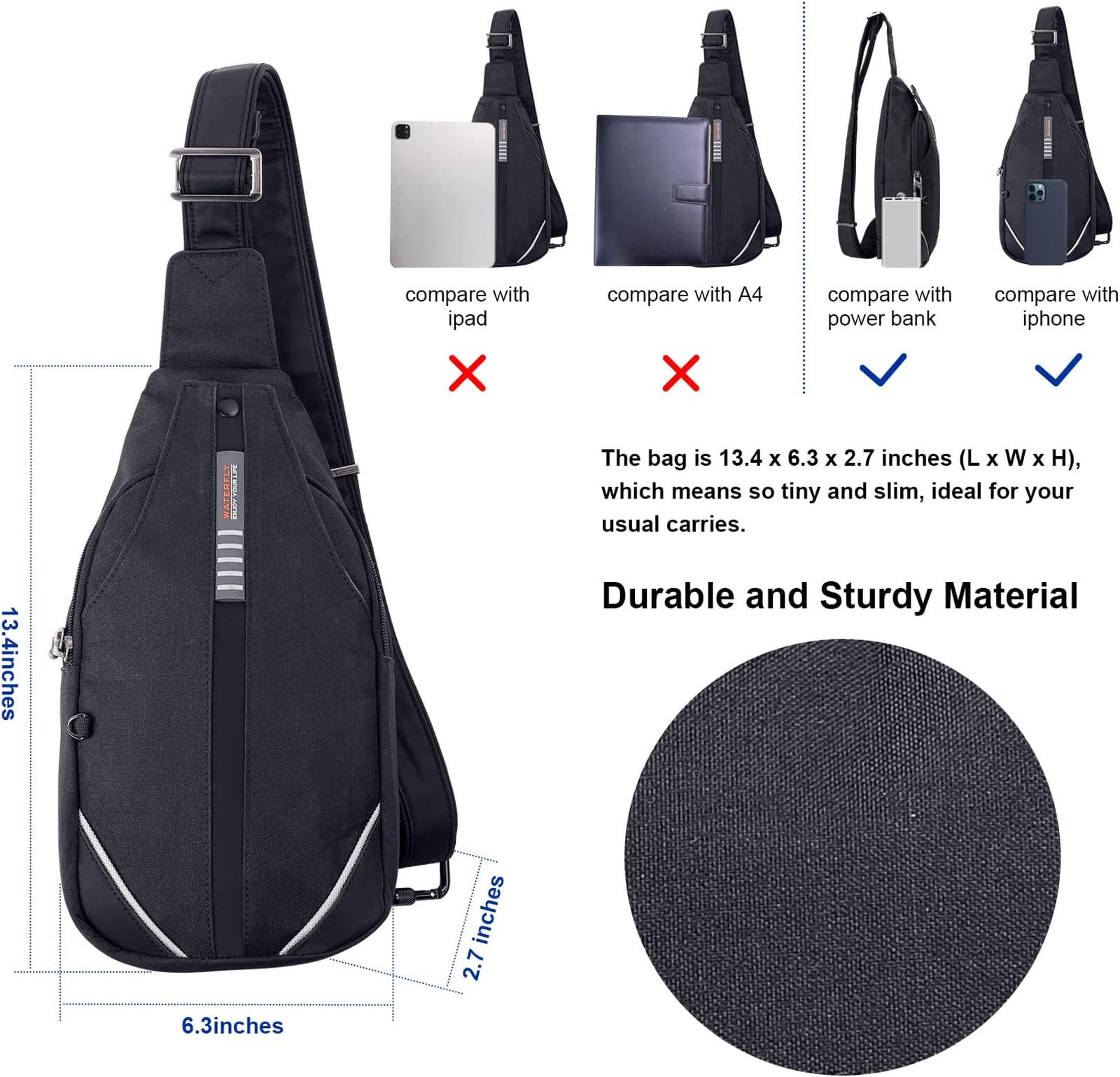 Waterfly Small Crossbody Sling Backpack Anti Theft Travel Chest Bag for Men