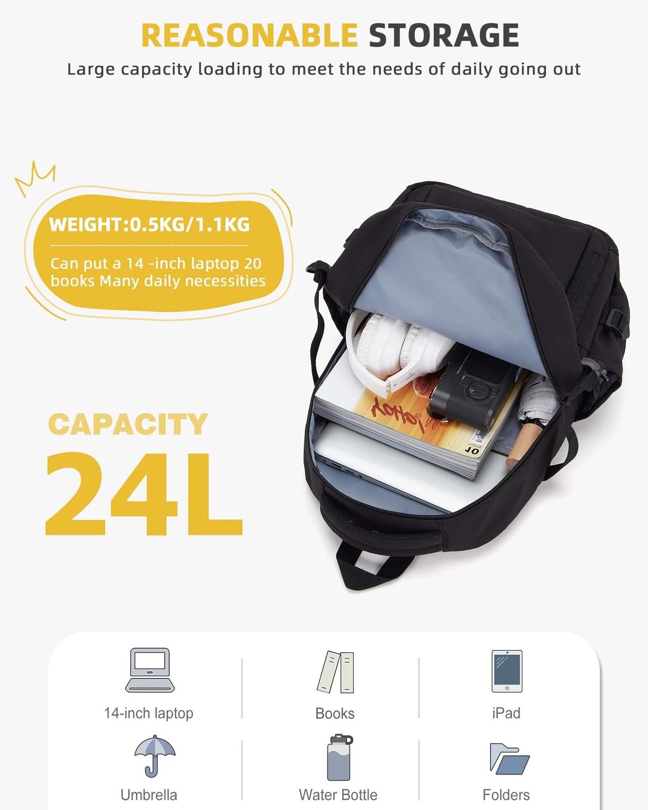 Black Lightweight Laptop Backpack, Large, Travel, Casual Daypack, College, Men