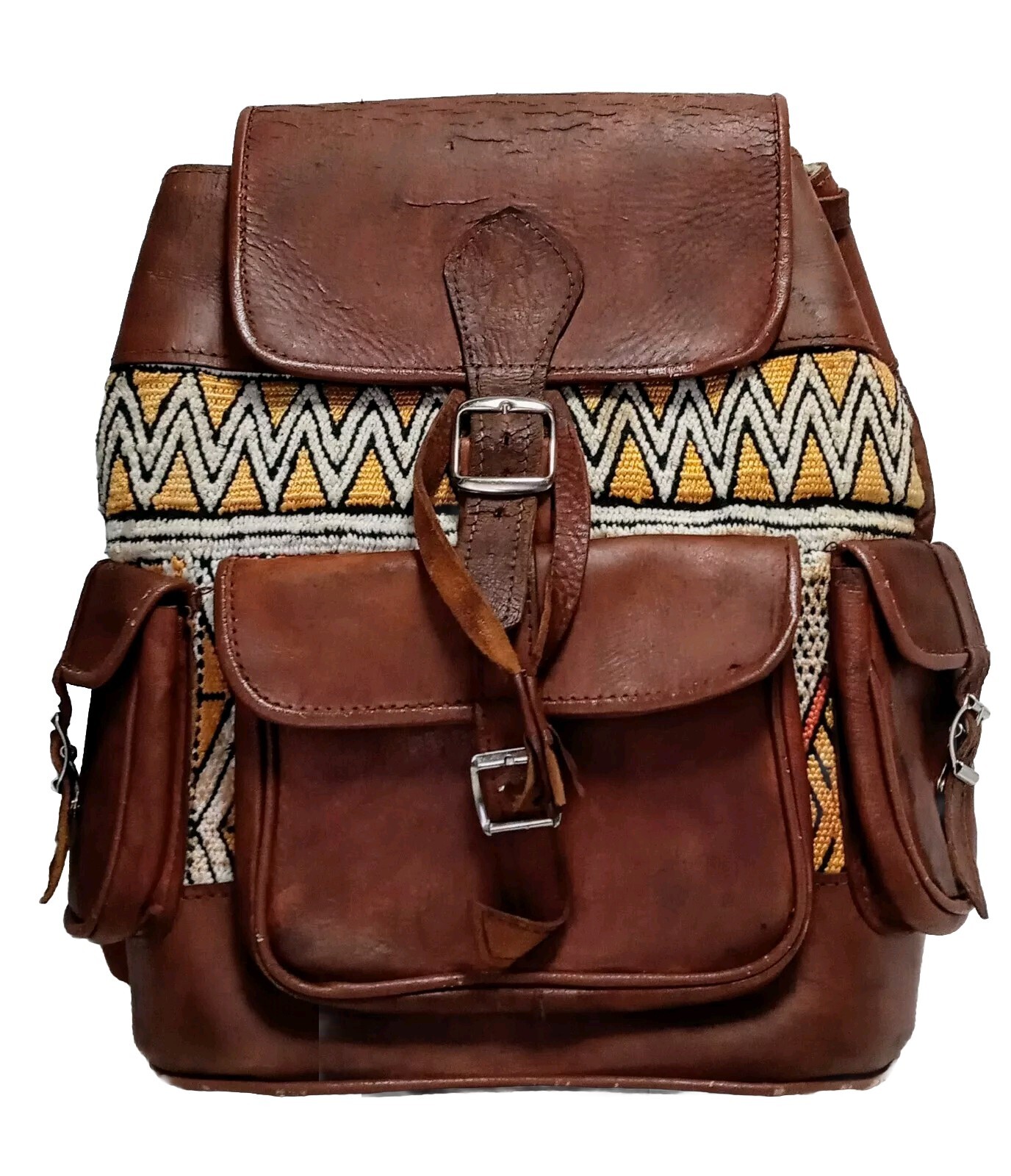 Leather & Kilim Tapestry Backpack Moroccan Boho Rucksack Handle Handmade Unisex