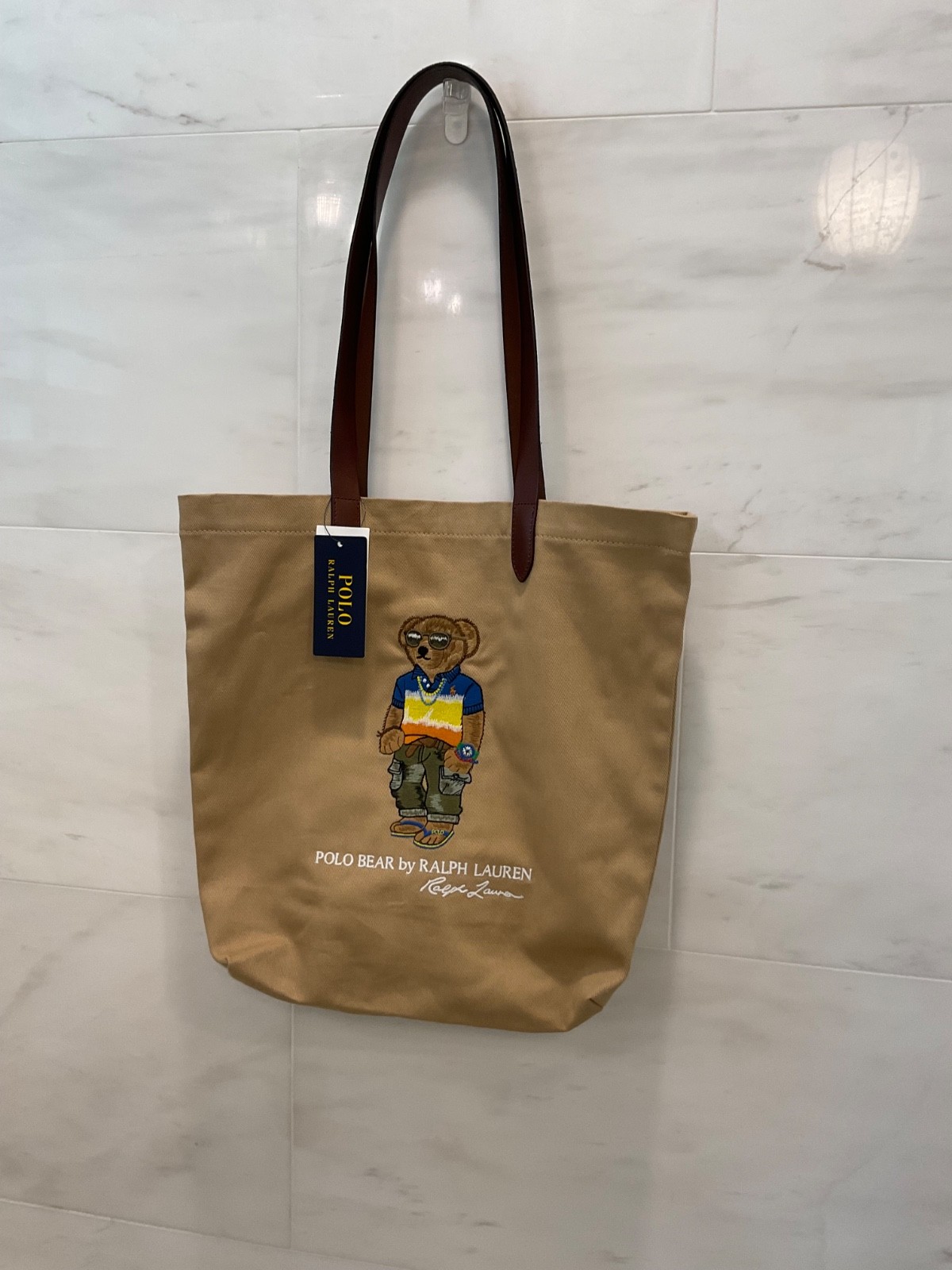 Polo Ralph Lauren Khaki Tan BEACH SHOP BEAR Cotton Twill Embroidered Tote Bag