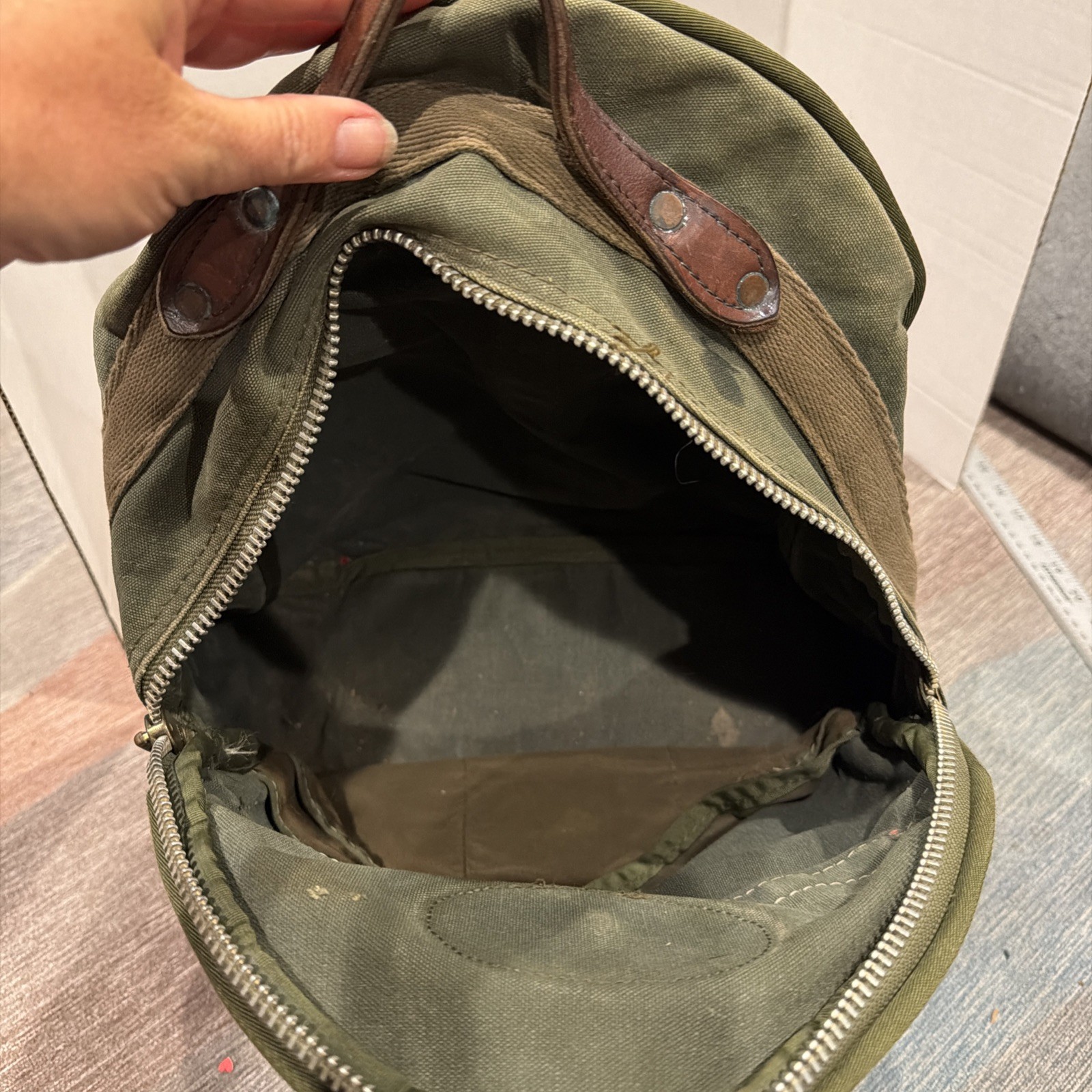 Orvis Battenkill Canvas Leather Backpack Green Brown Travel Outdoor Vintage READ
