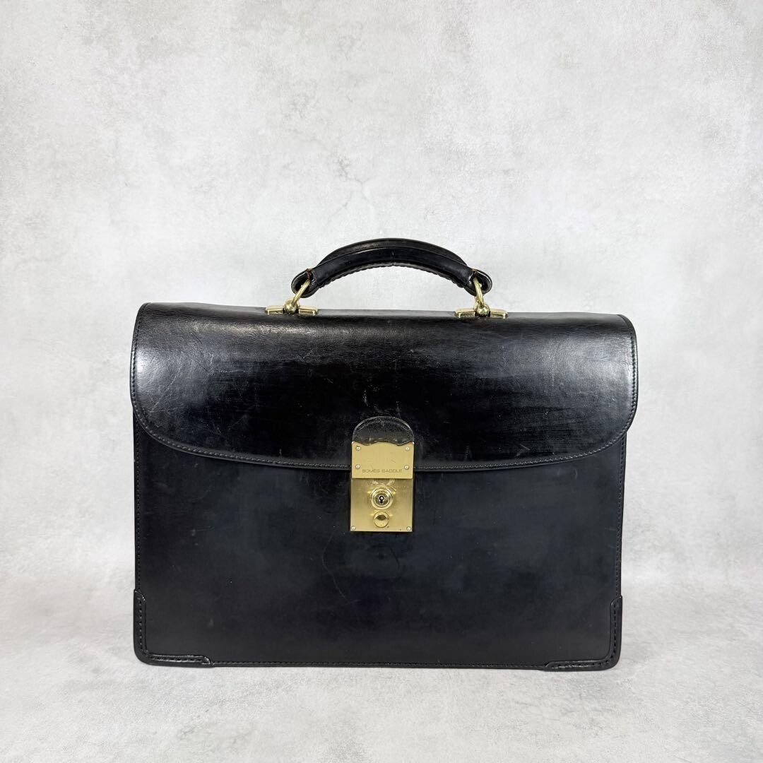 SOMES SADDLE Black Leather Business Briefcase Flap Lock with Key Authentic