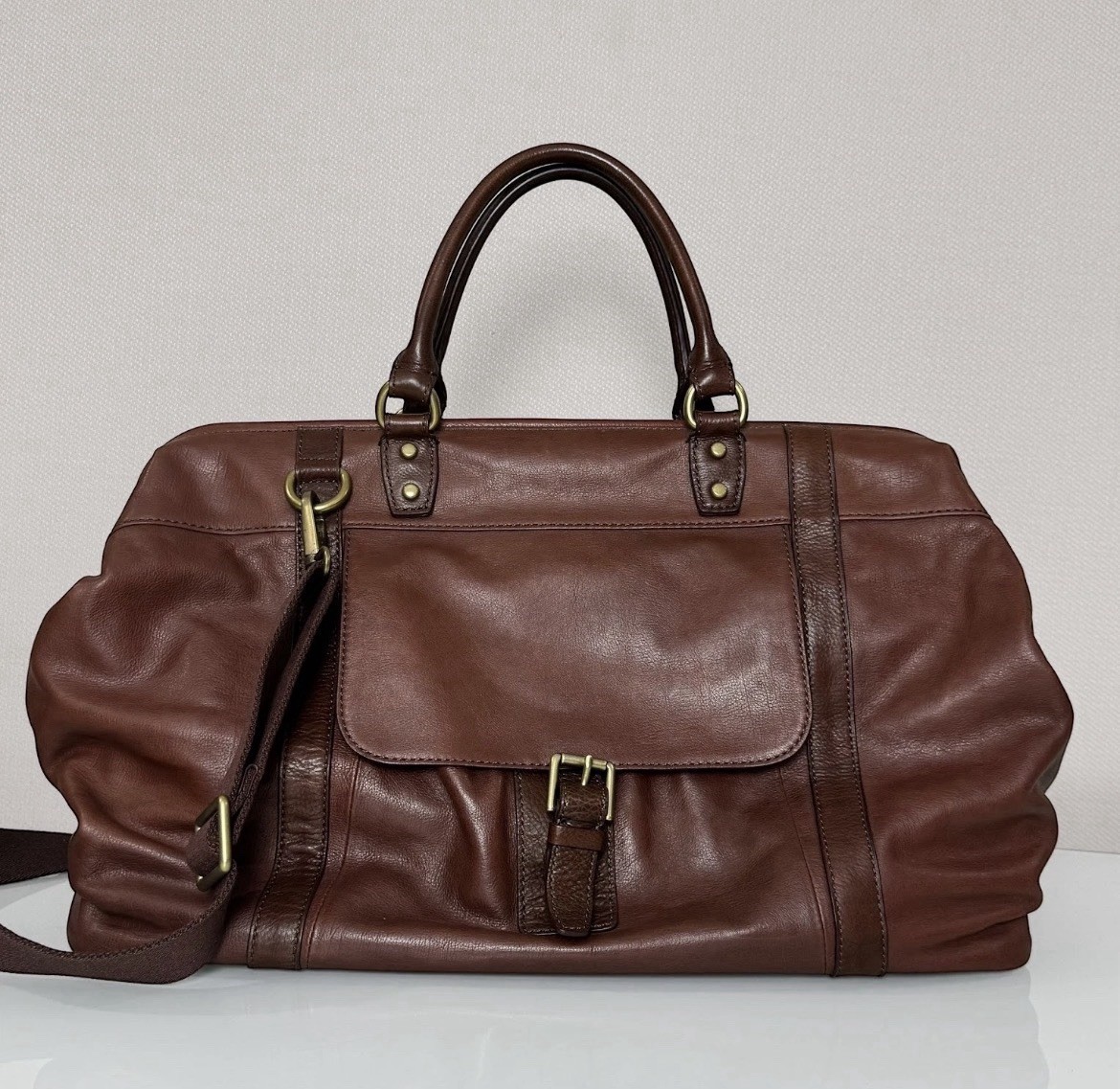 Fossil Weekender Estate Duffle Cognac Brown Leather With Cross Body Strap