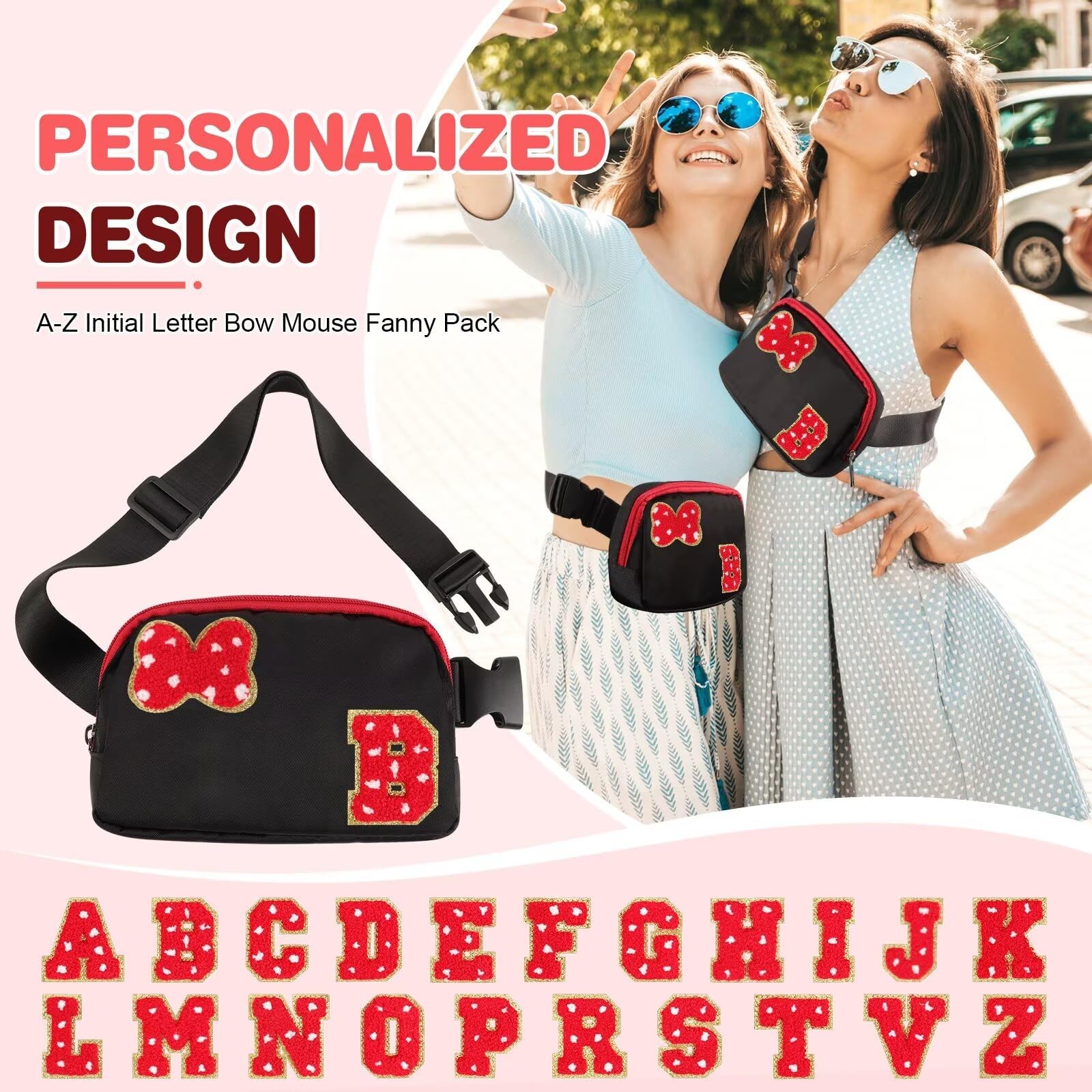 Initial Letter Bow Mouse-Ear Fanny Pack for 7.48 x 2.1 x 5.11 inches, Black