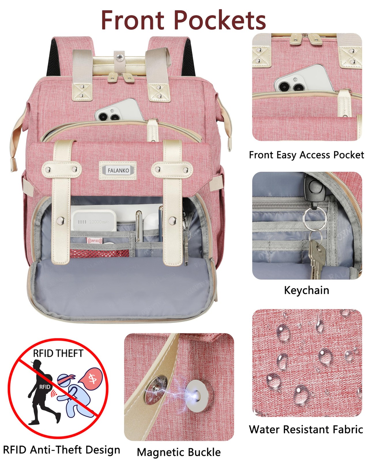 Women Wide Open Work Travel Backpack USB Charging Port Fits 15.6 Inch Laptop