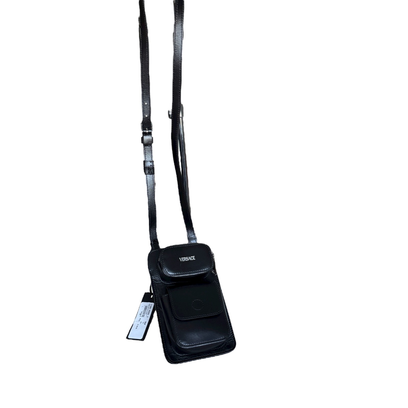 VERSACE 1013558 Phone Pouch Bag Black Calf Leather with lanyard