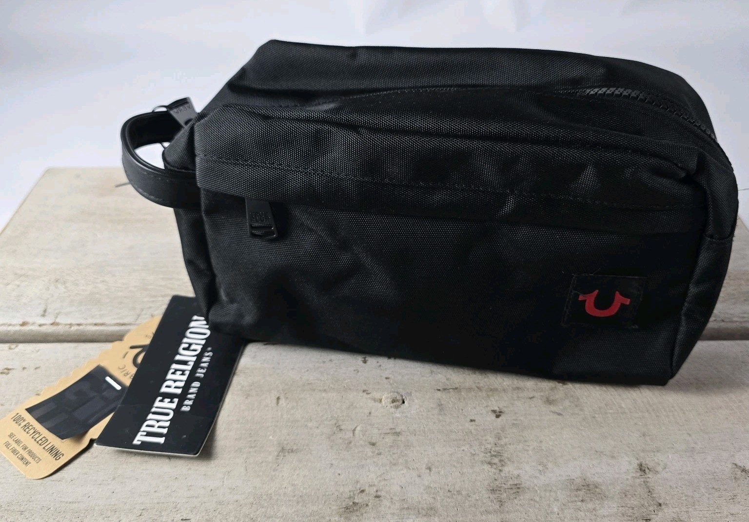 True Religion Men’s Aldis Toiletry Bag w/2 Travel Bottles Black Canvas Logo NWT