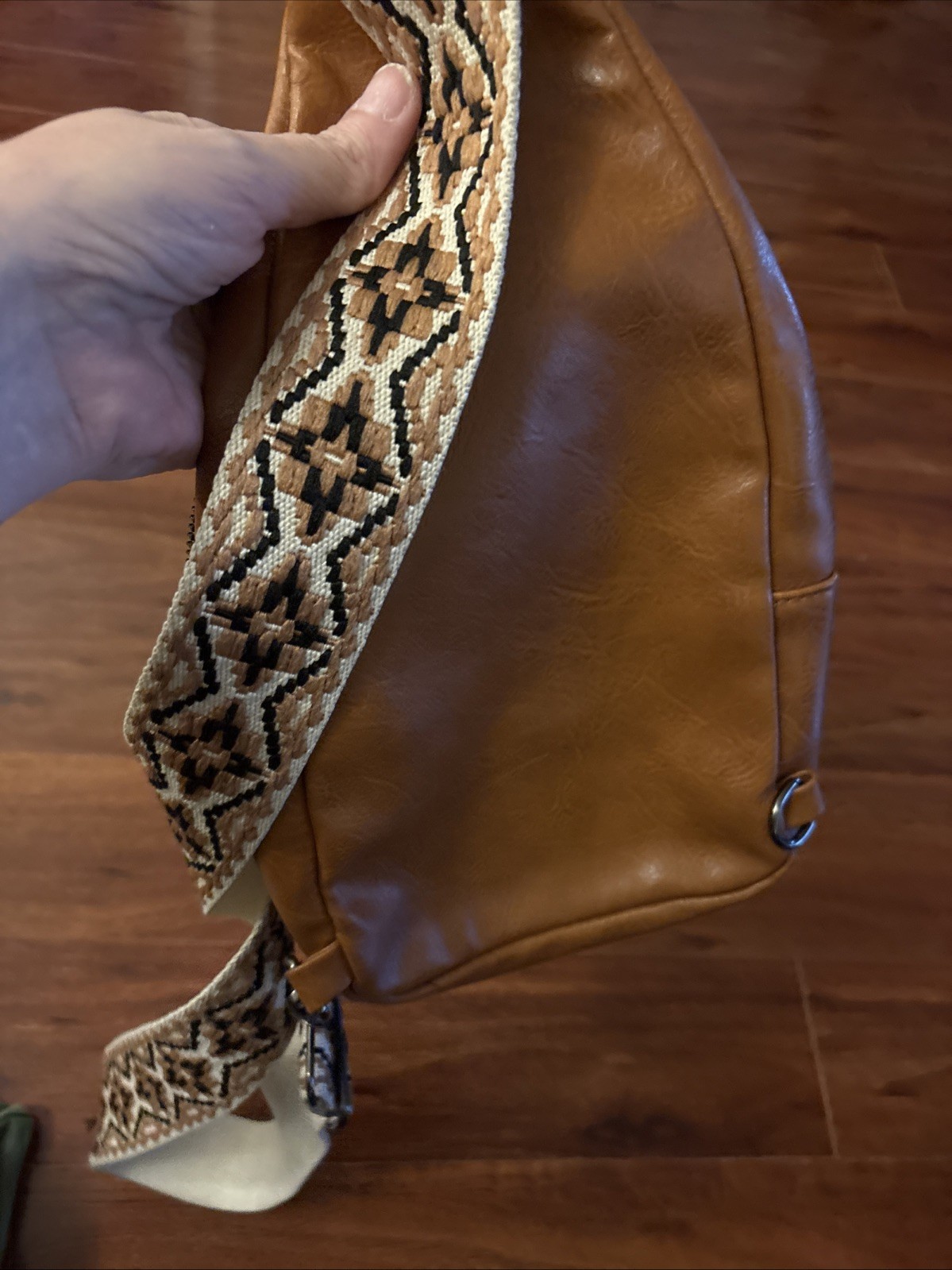 Sam & Hadley Cognac Vegan Leather Macrame Guitar Strap Crossbody Sling Bag