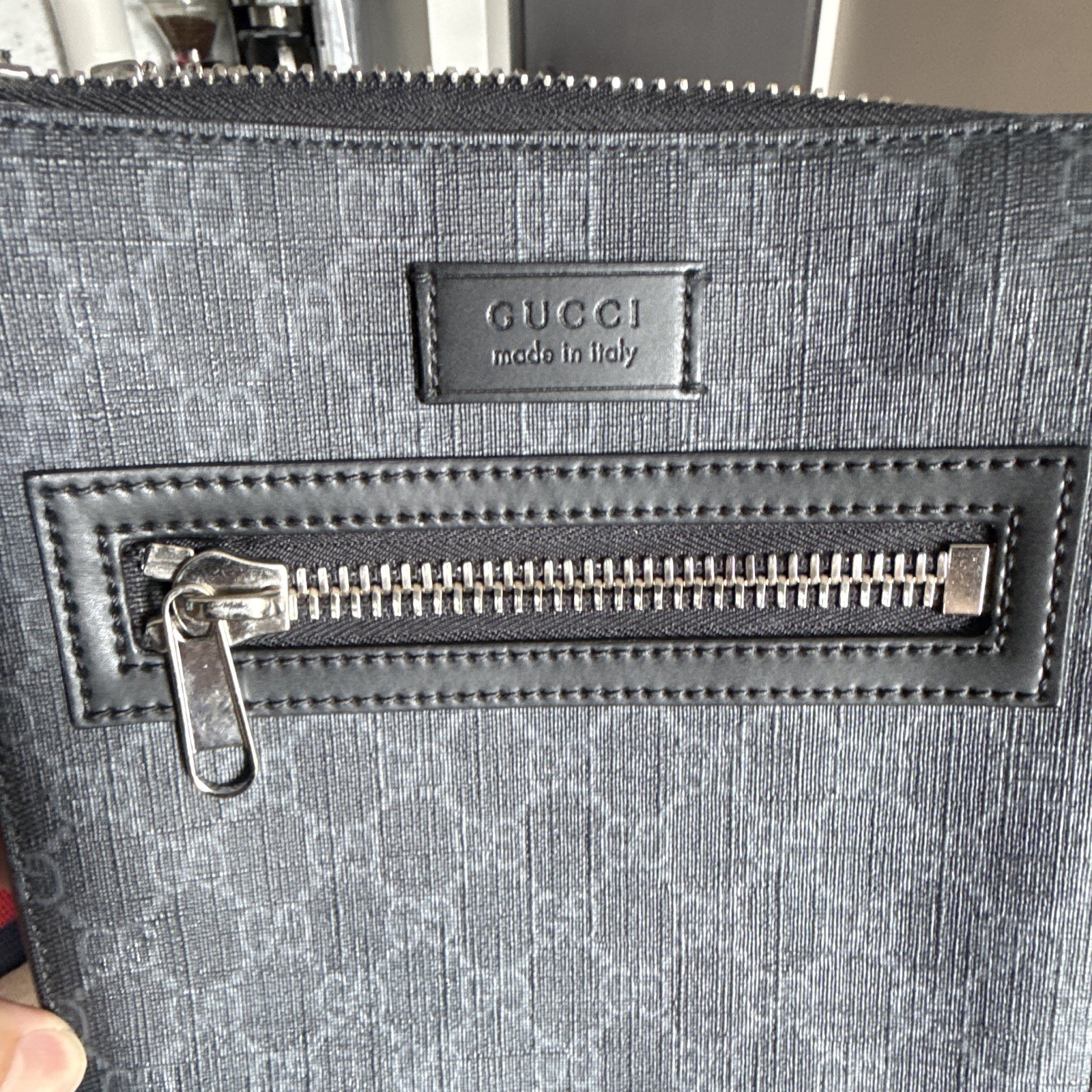 Gucci GG Pattern Black Crossbody Bag Zip Closure Adjustable Strap Inner Pockets