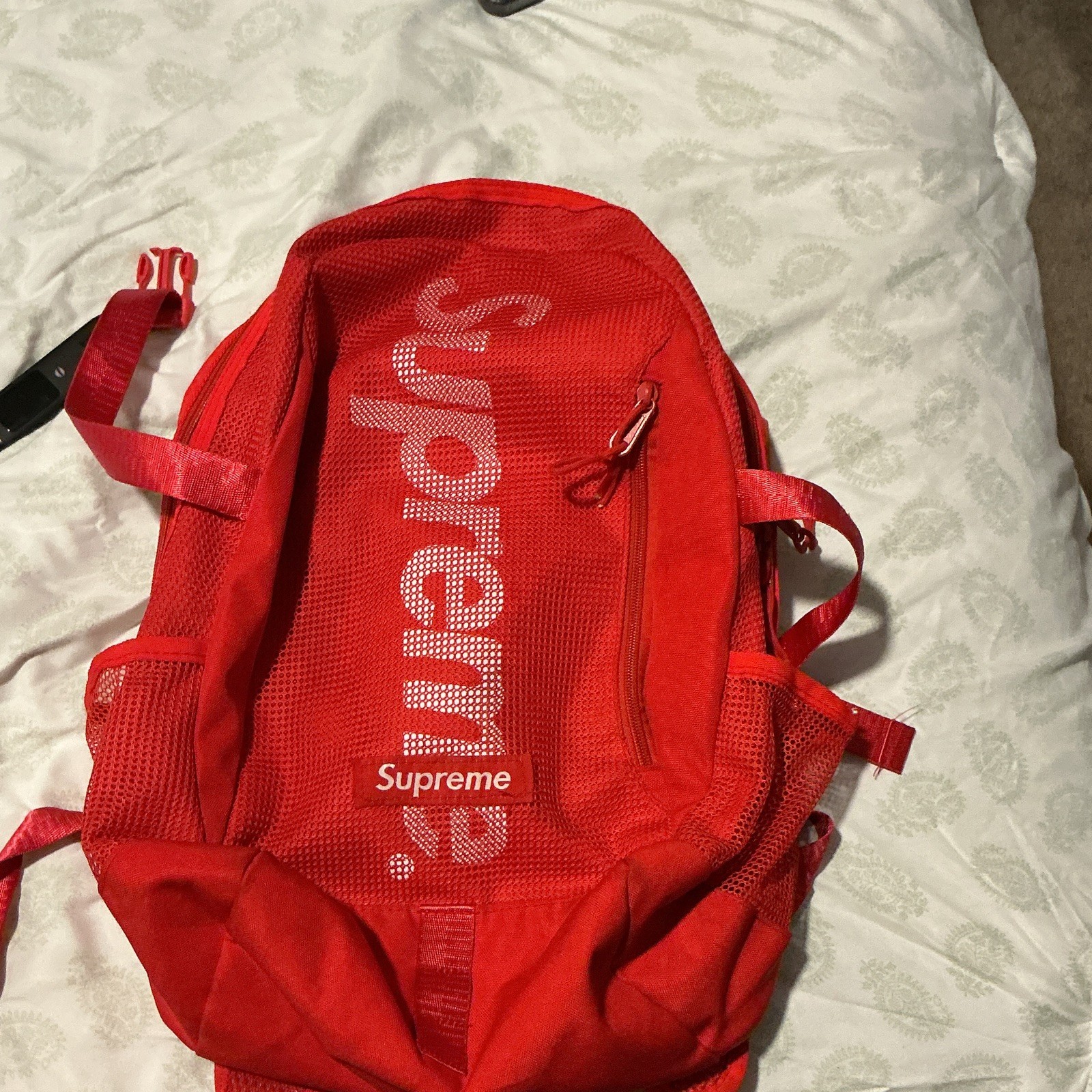 Supreme Red Backpack Zip Closure Outer Pockets Adjustable Straps Unisex