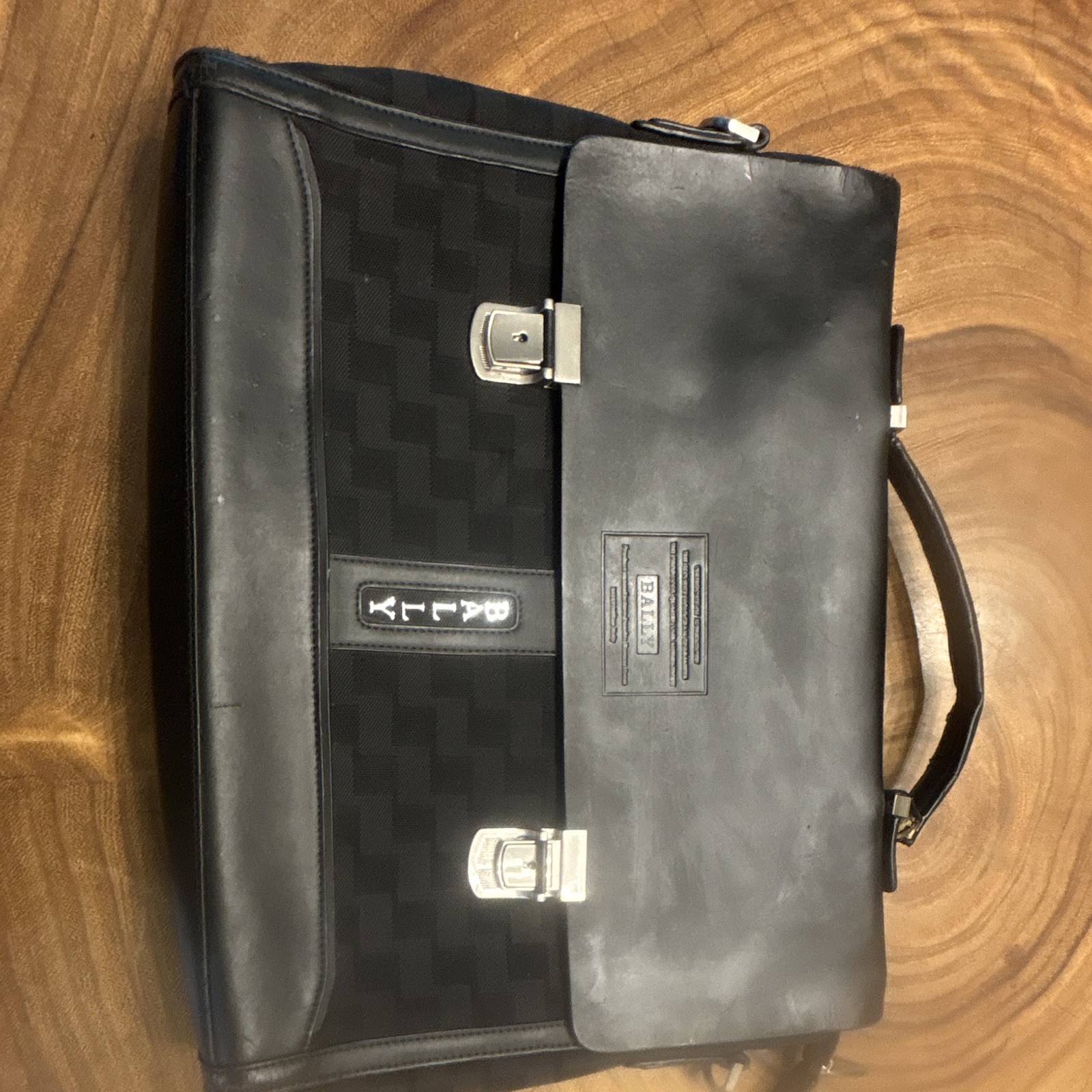 Bally Black Checkered Briefcase/Document Case Buckle Zip Top Handle Pockets