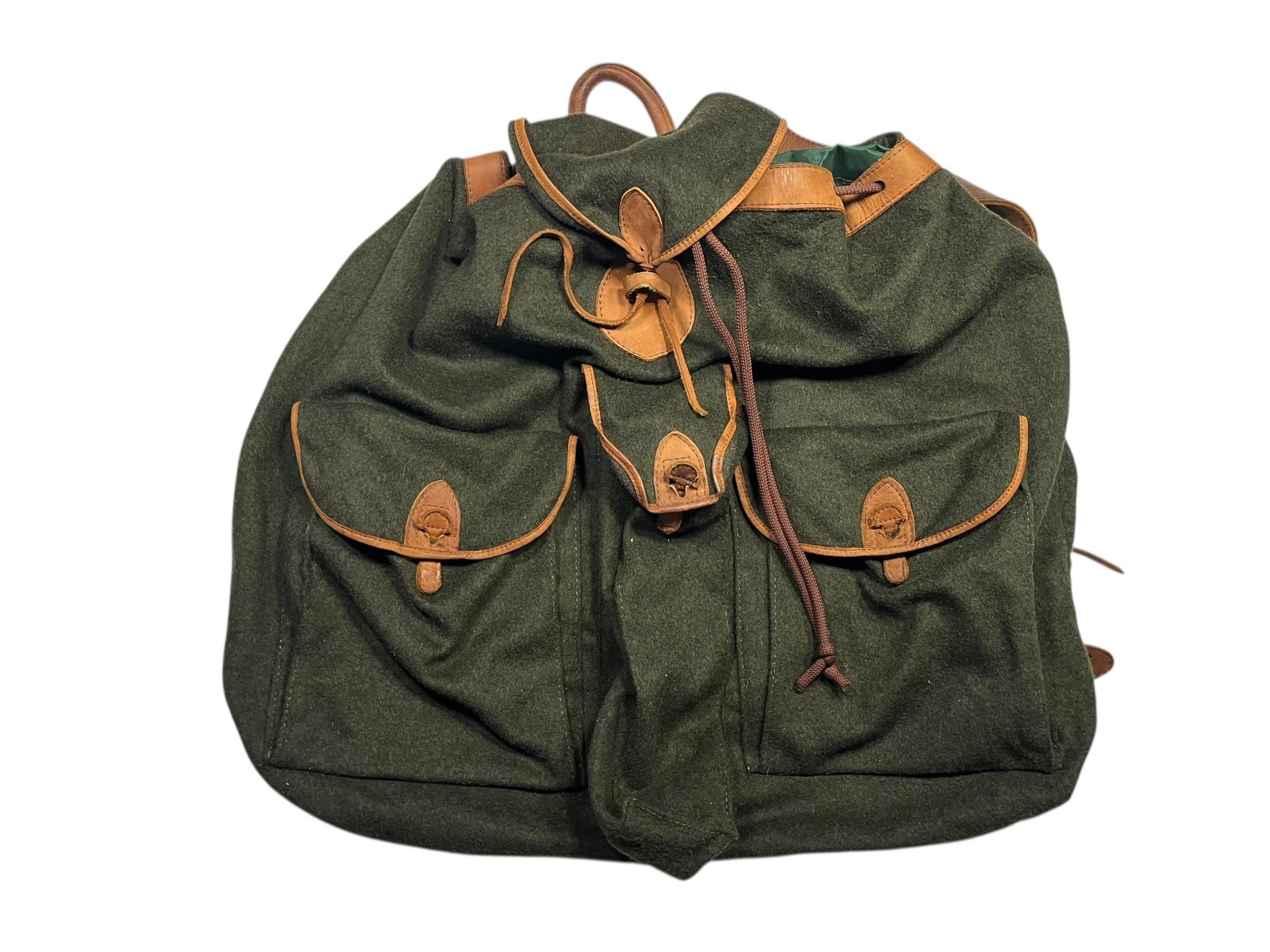 Vtg UNBRANDED Green/Brown BEAUTIFUL WOOL/LEATHER BACKPACK Travel Hike Gear Bag
