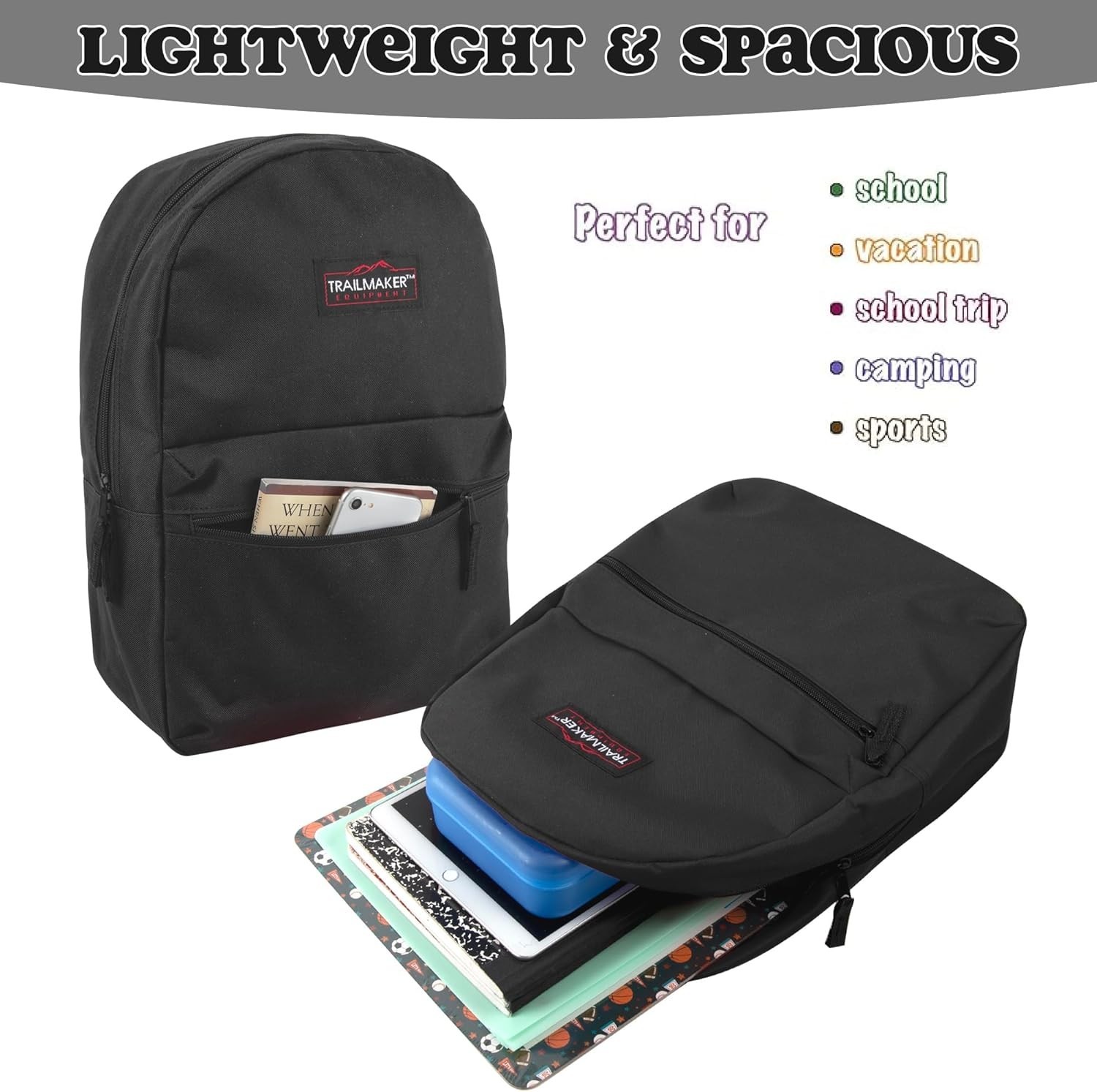 Backpacks with Adjustable Padded Straps 17 in for School Girls Boys (Black)