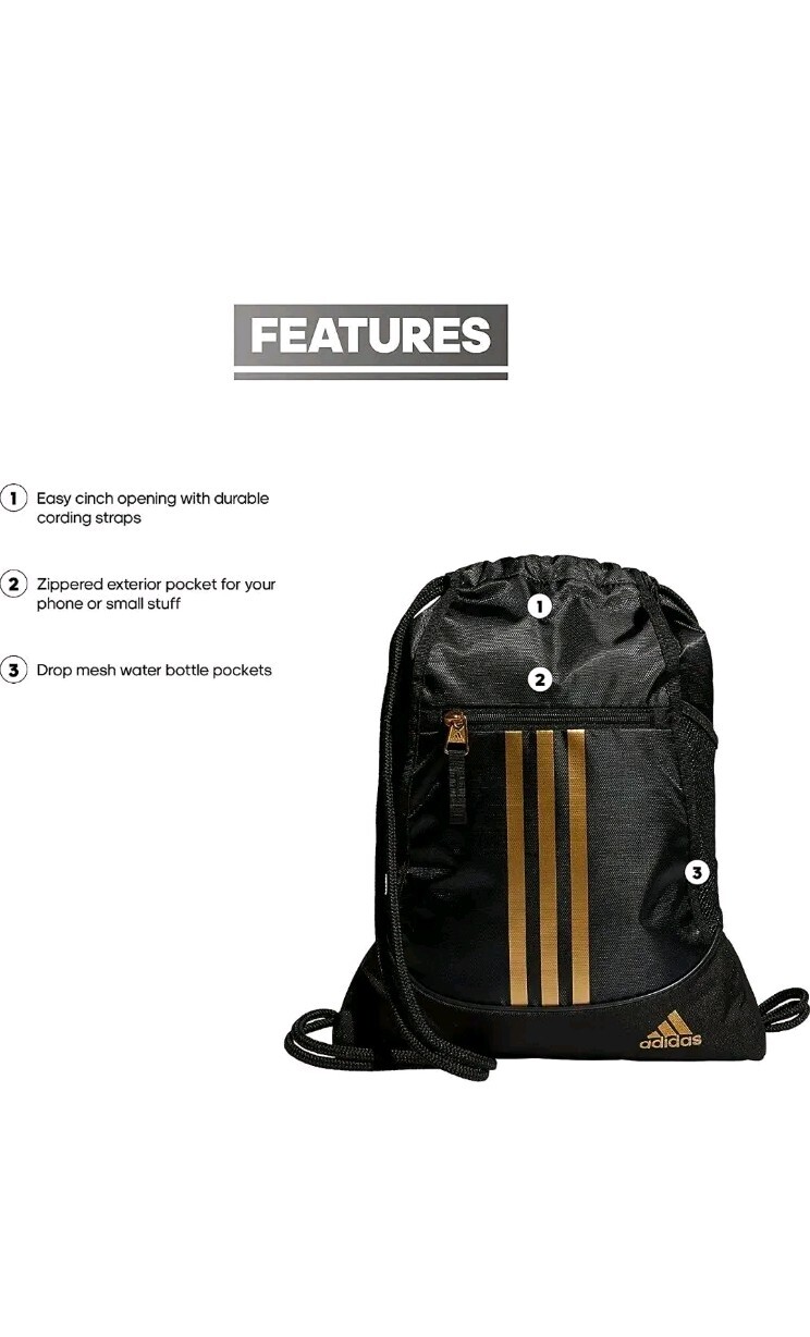 ADIDAS ALLIANCE II SACKPACK DRAWSTRING BACKPACK OUTDOOR GYM BLACK/GOLD METALLIC