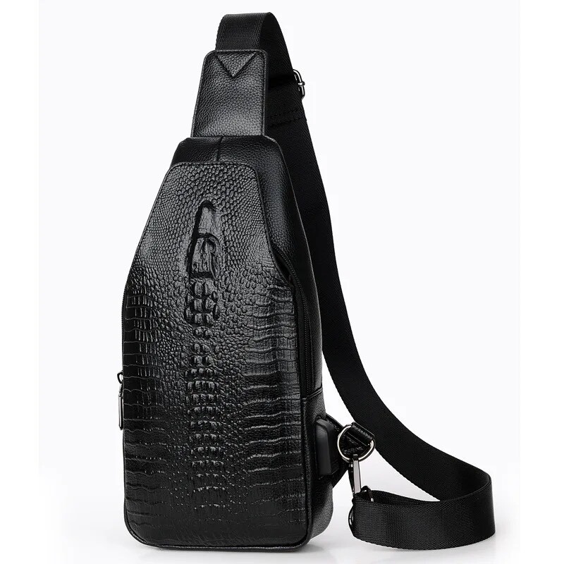 Unisex Leather Crocodile Pattern Chest Bag Sling Backpack Crossbody Black