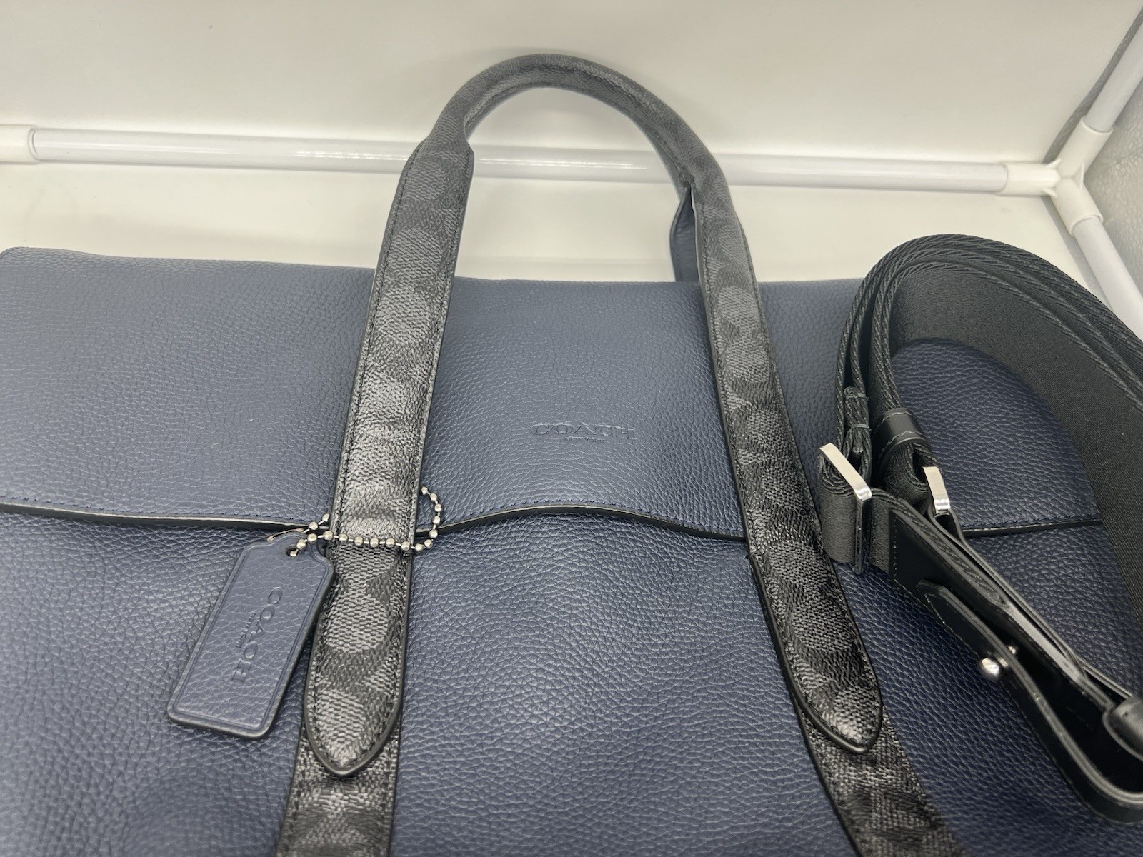 COACH Metropolitan Portfolio Navy Leather Signature Canvas Blocking Briefcase