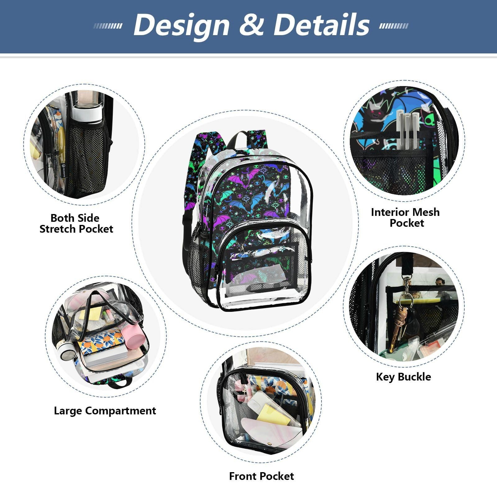 Psychedelic Bats Print Clear Backpack Lightweight Large Capacity See Through …