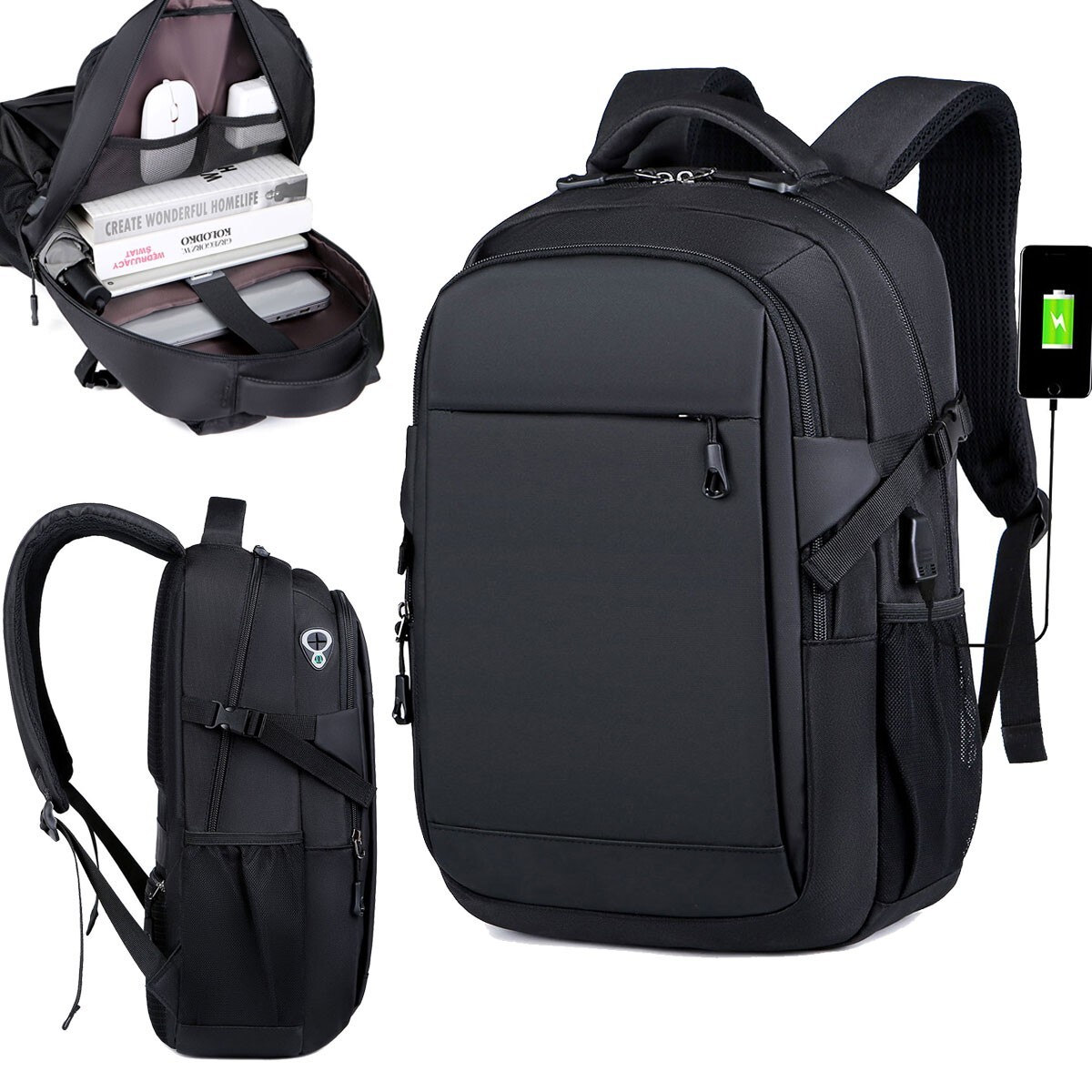 Men Laptop Backpack School Travel Computer Bookbag with USB Charging Port Black