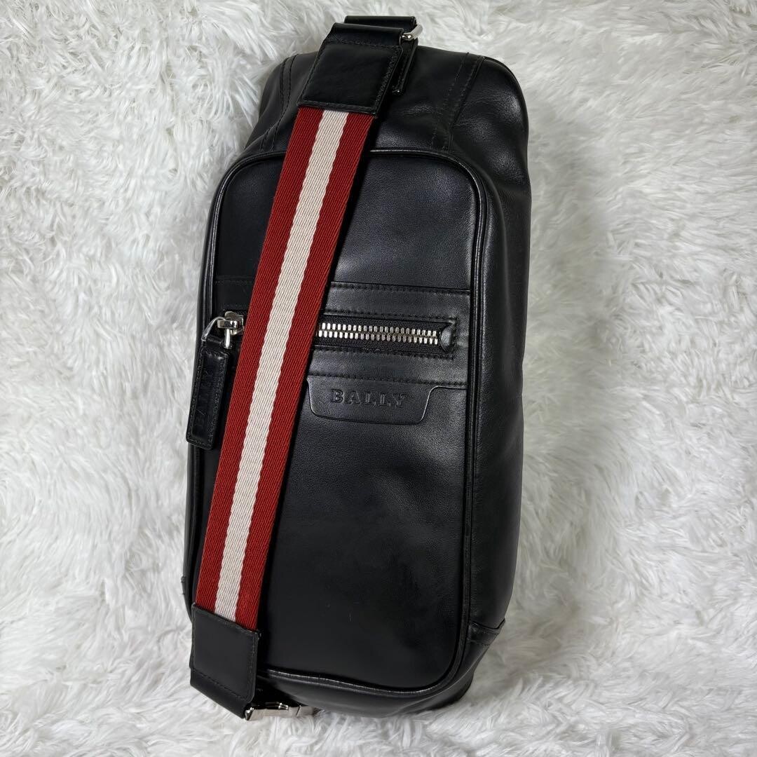 Bally Tresspo Leather Crossbody Bag Black Large Capacity Mens Striped 39cm