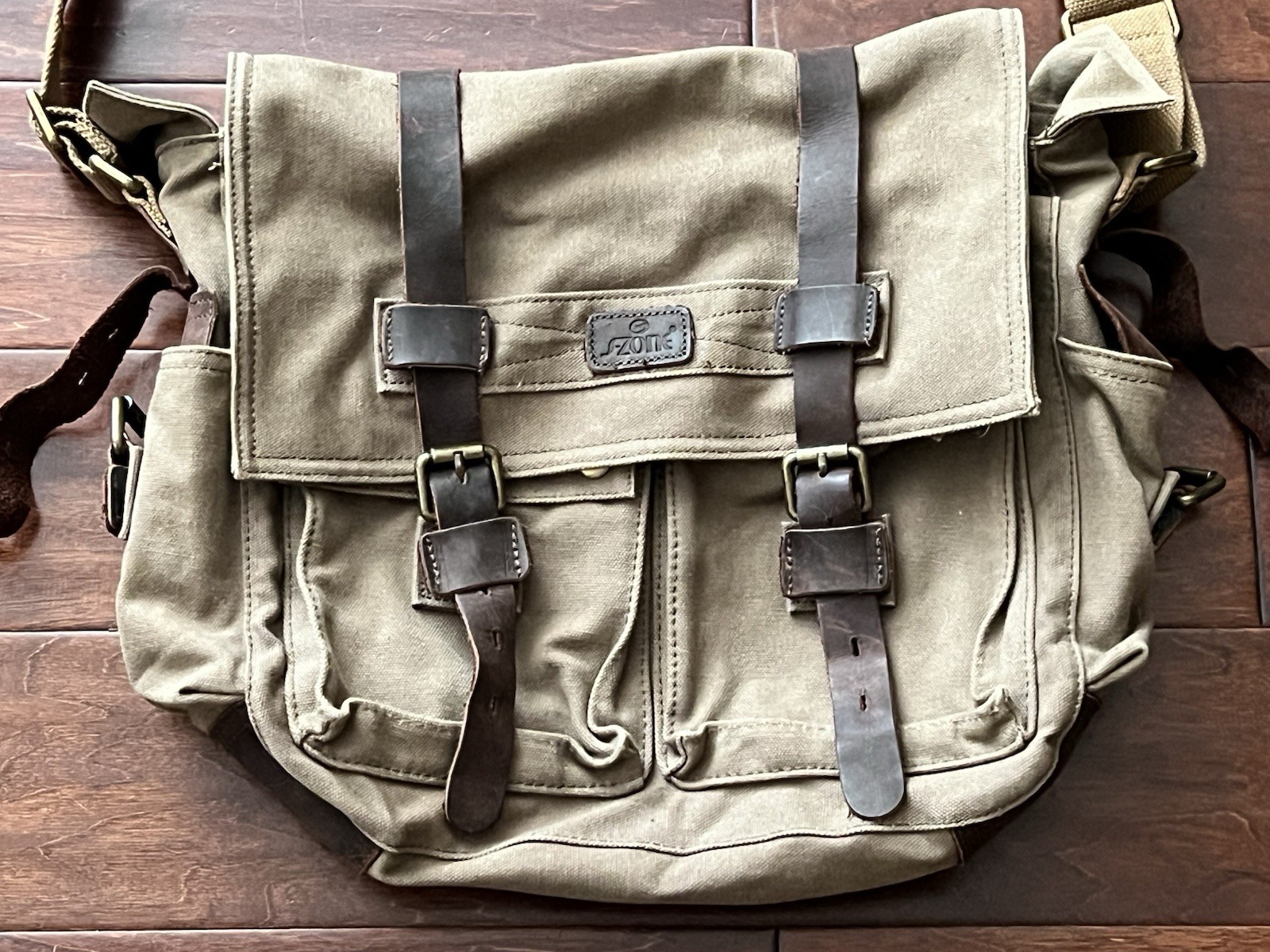 S-ZONE Brown Leather Canvas Zip Button Multi Pocket Shoulder Strap Messenger Bag
