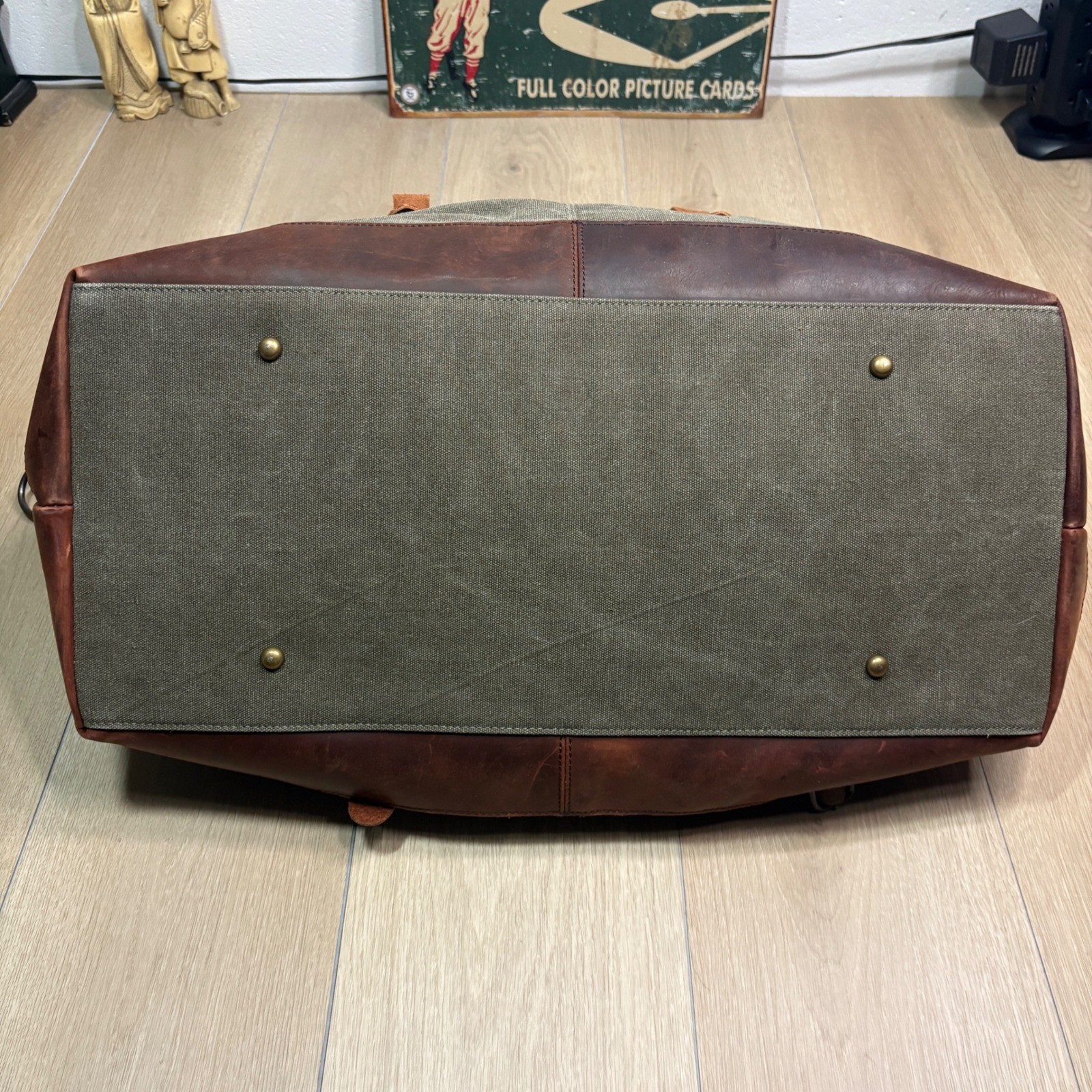 S-ZONE Canvas Leather Duffel Bag Weekender Overnight Travel Bag Green Brown