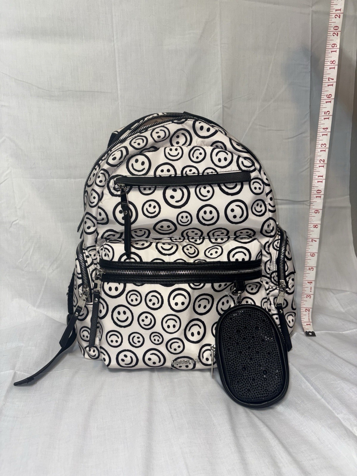 Madden NYC Smiley Face Backpack White Black Adjustable Strap Medium