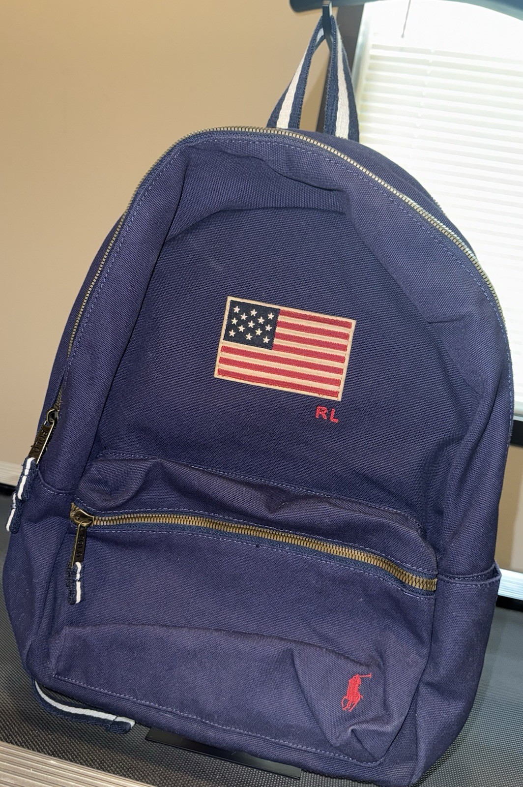 Polo Ralph Lauren Navy Backpack American Flag Patch Zip Pockets Adjustable