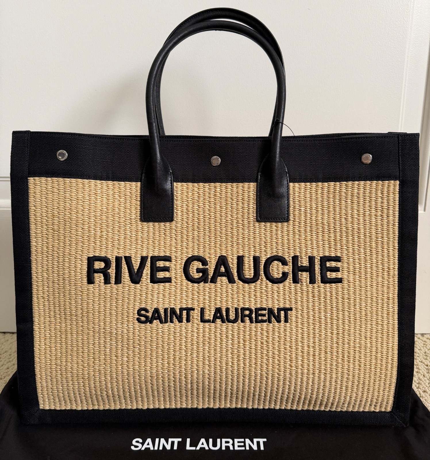 NWT Saint Laurent YSL Rive Gauche Raffia Beige Black Canvas Logo Tote Bag $3450