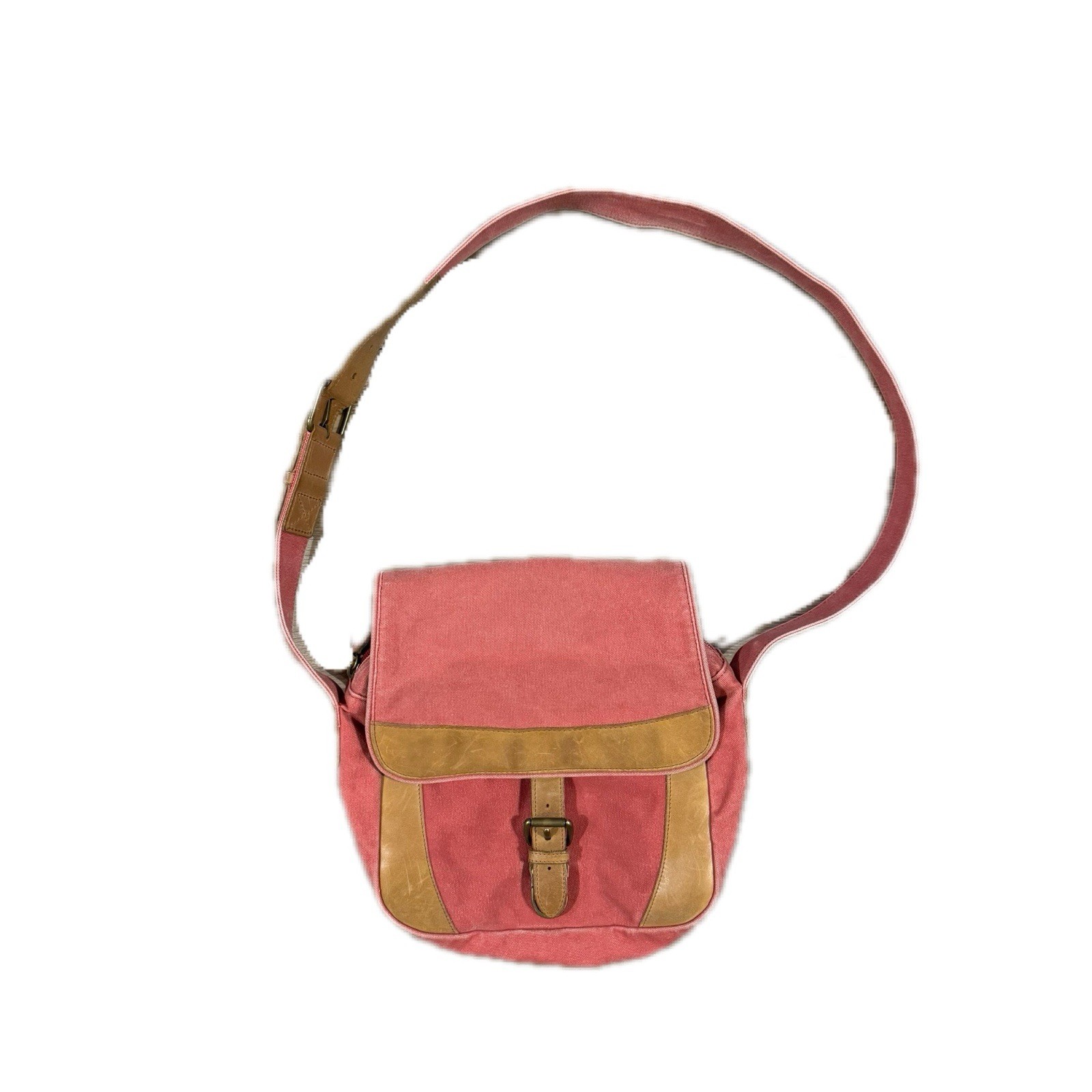 LL Bean PINK Canvas Field Messenger Shoulder Bag Brown Leather Trim Push Lock