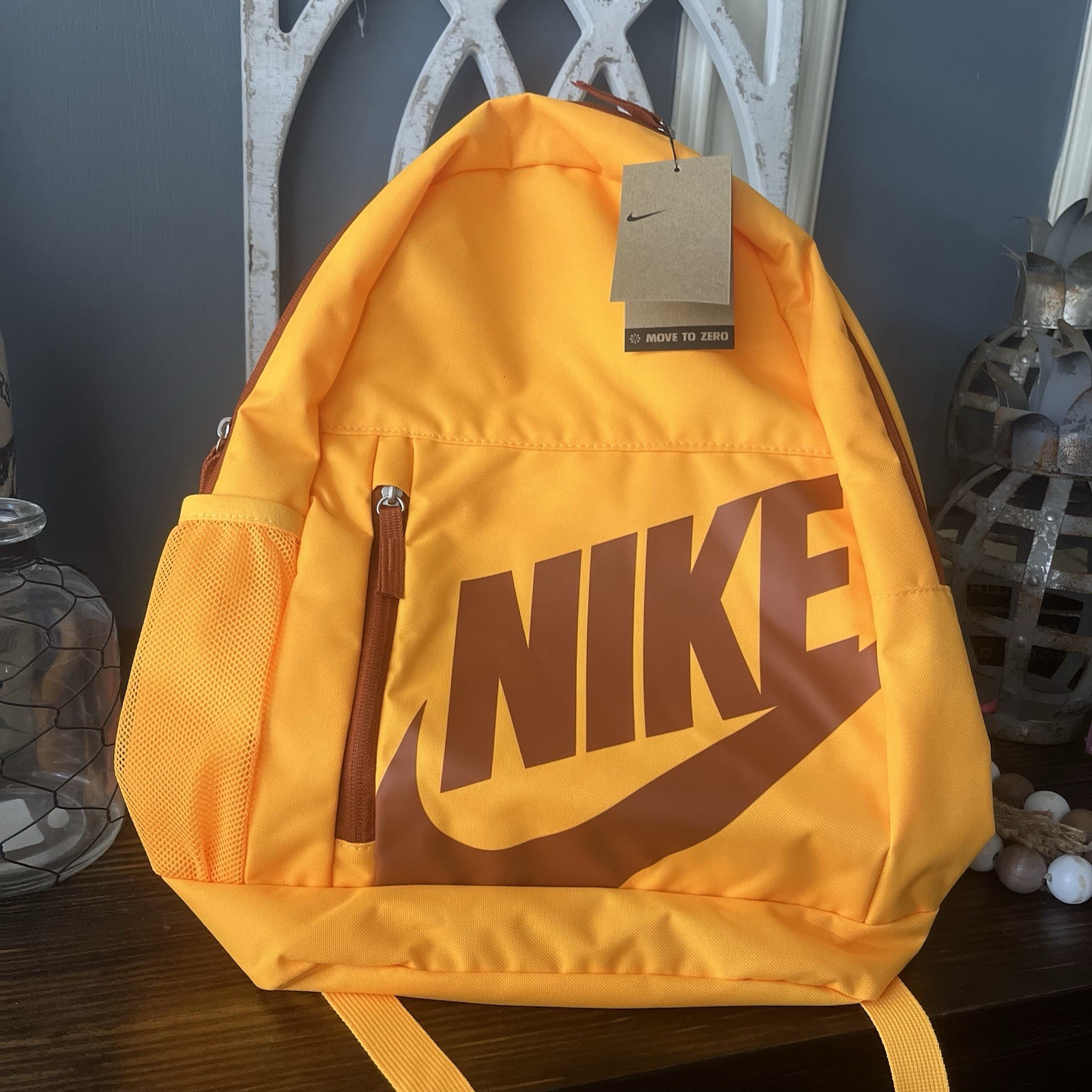 New Nike Backpack Vibrant Orange Zipper Closure Pencil Bag Pockets Logo