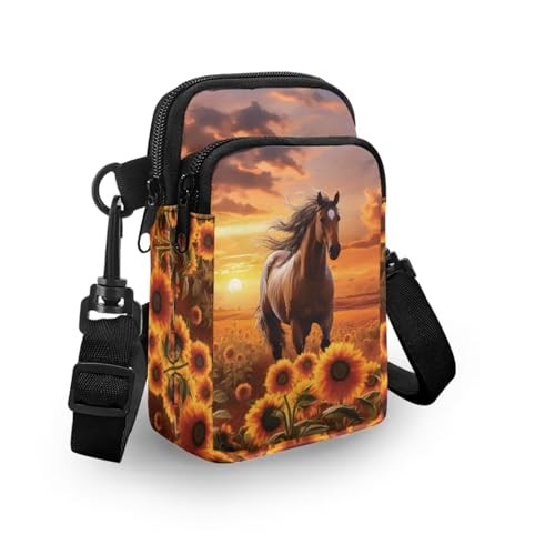 2 Layer Cat Print Crossbody Bags Polyester Horse Sunflower Sunset Brown