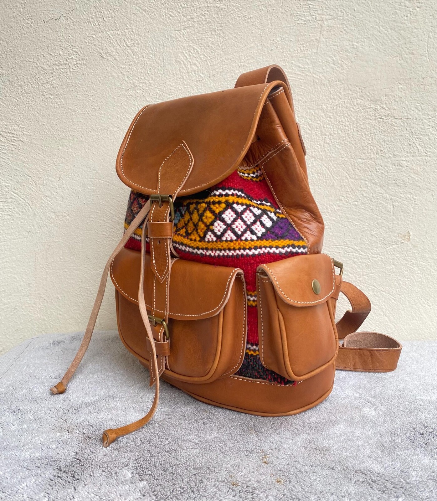 Handmade Genuine Leather & Kilim Backpack – Moroccan Artisan Backpack 40×28 cm