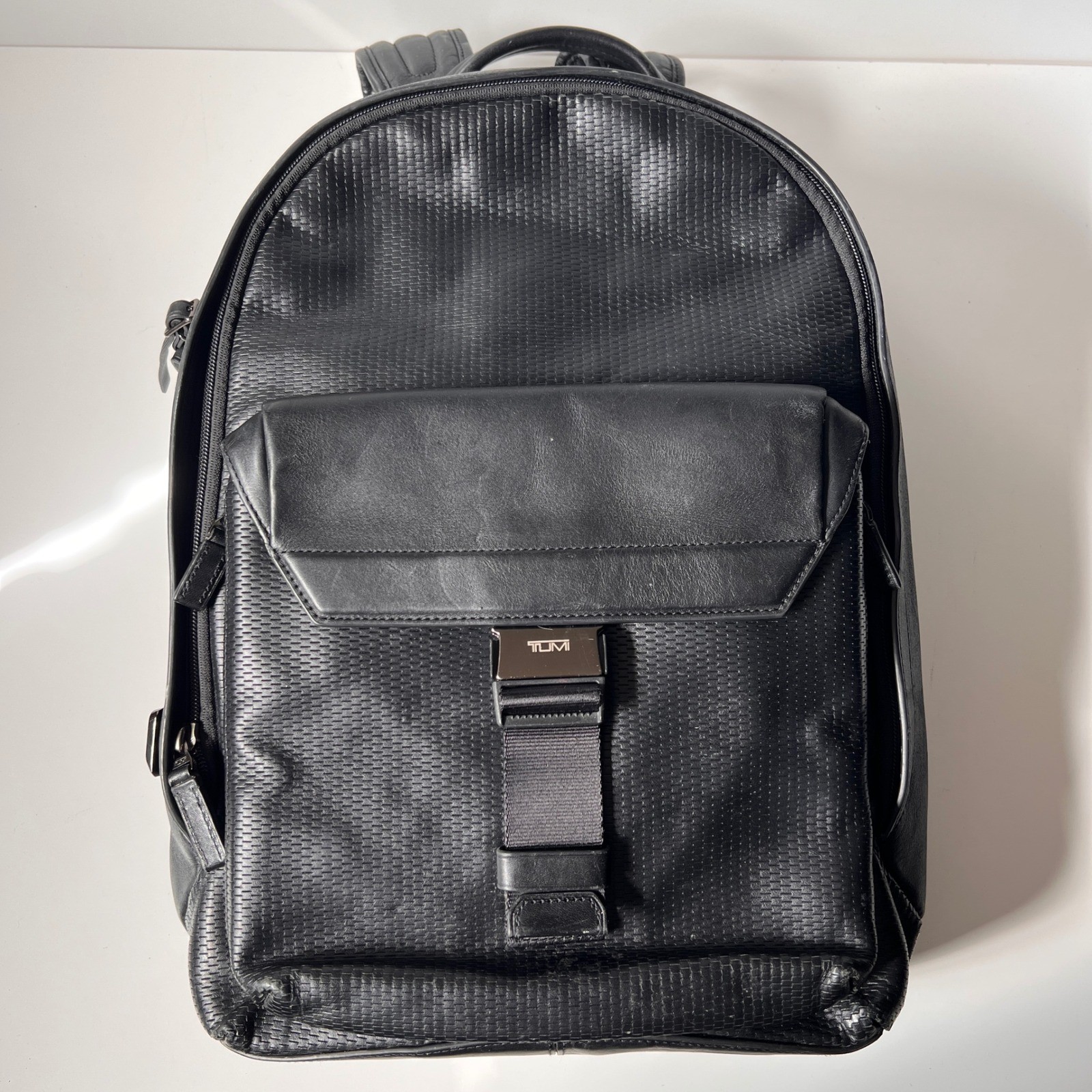 Tumi Morley Backpack Carbon Fiber Black Leather Buckle Laptop Travel Bag