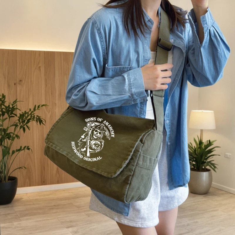 Men’s Canvas Crossbody Shoulder Bag Skull Print Army Green Laptop Messenger Bag