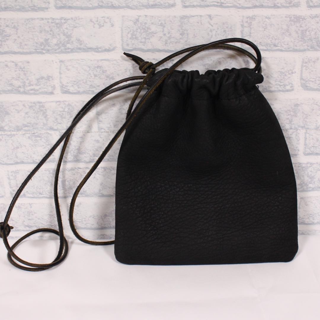 Nubuck Leather Drawstring Pouch Bag for Men and Women, Black, 8×7 inches, Used