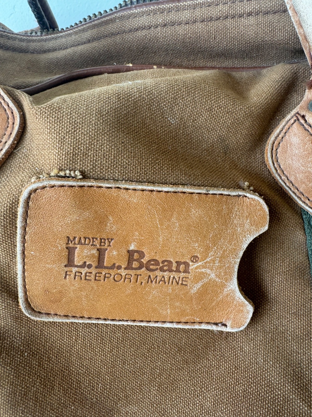 Vintage LL Bean Gym Bag Duffle Brown Olive Green Canvas Leather USA 18″ Tote